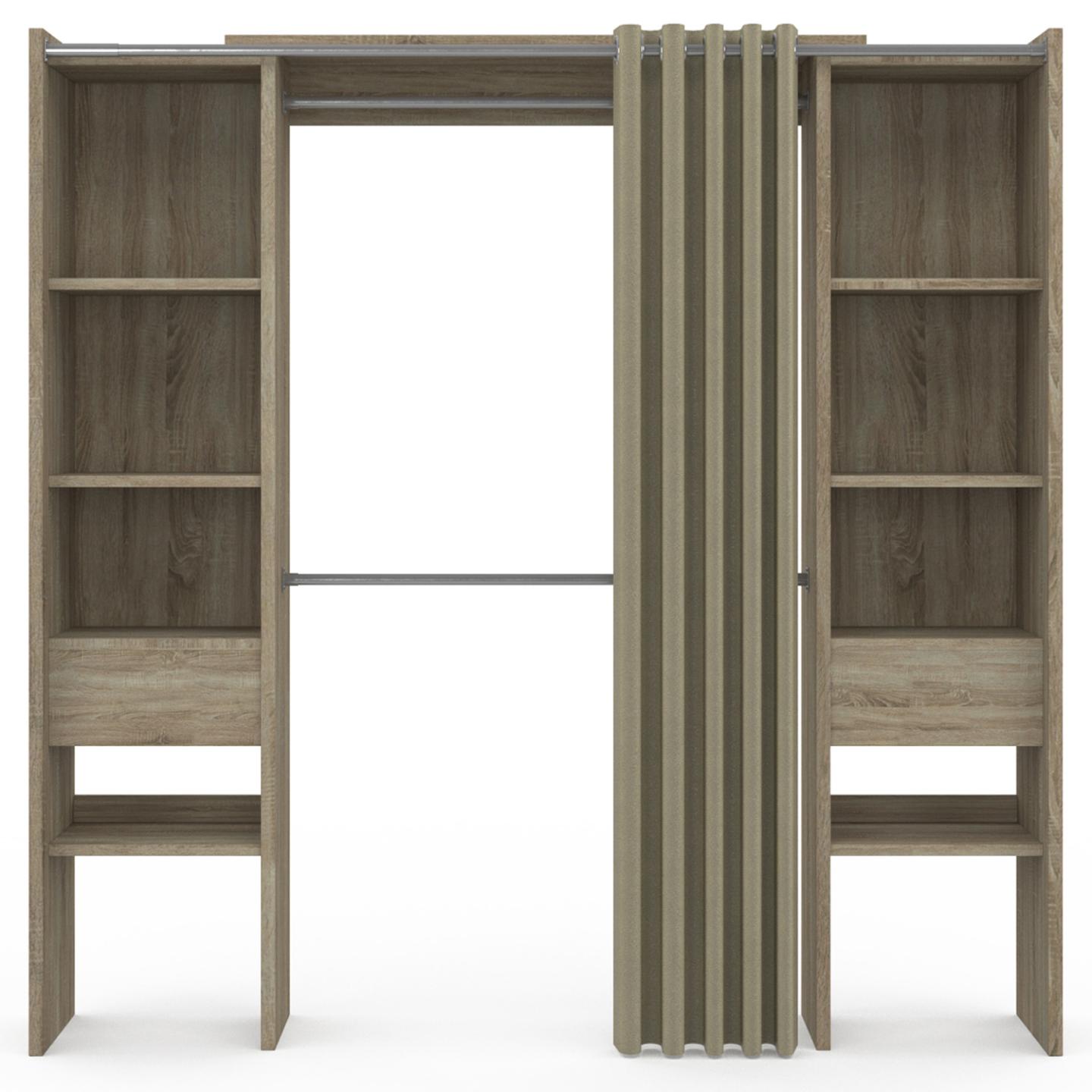 Dressing extensible double MERYL 120/180 x 50 x 180 cm hêtre avec étagères + double penderie + rideau taupe - 3