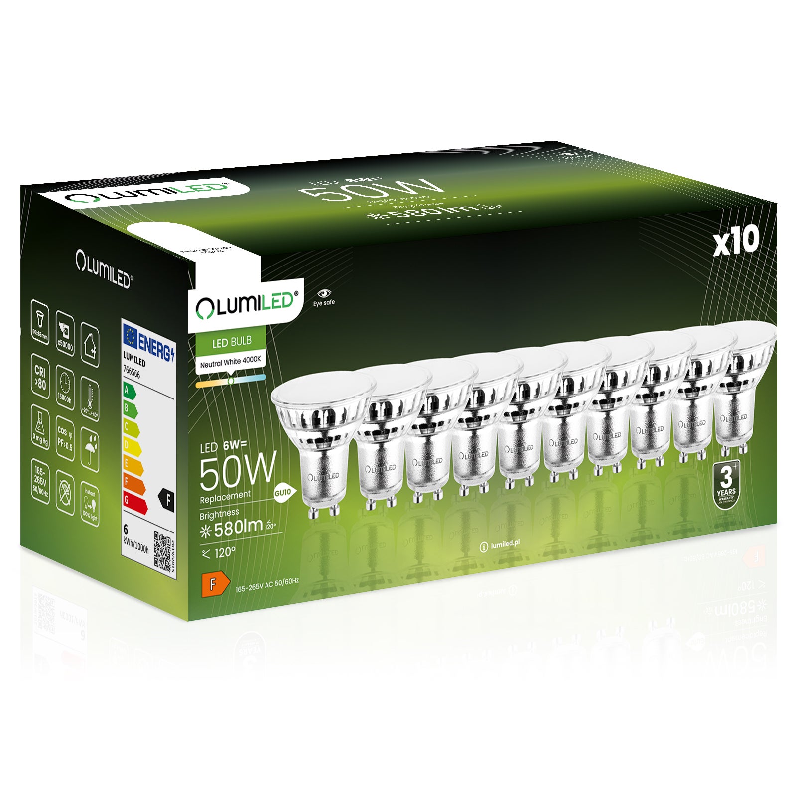 10x Żarówka Lumiled LED GU10 Reflektor PAR16 6W = 50W 580lm 4000K Neutralna 120st