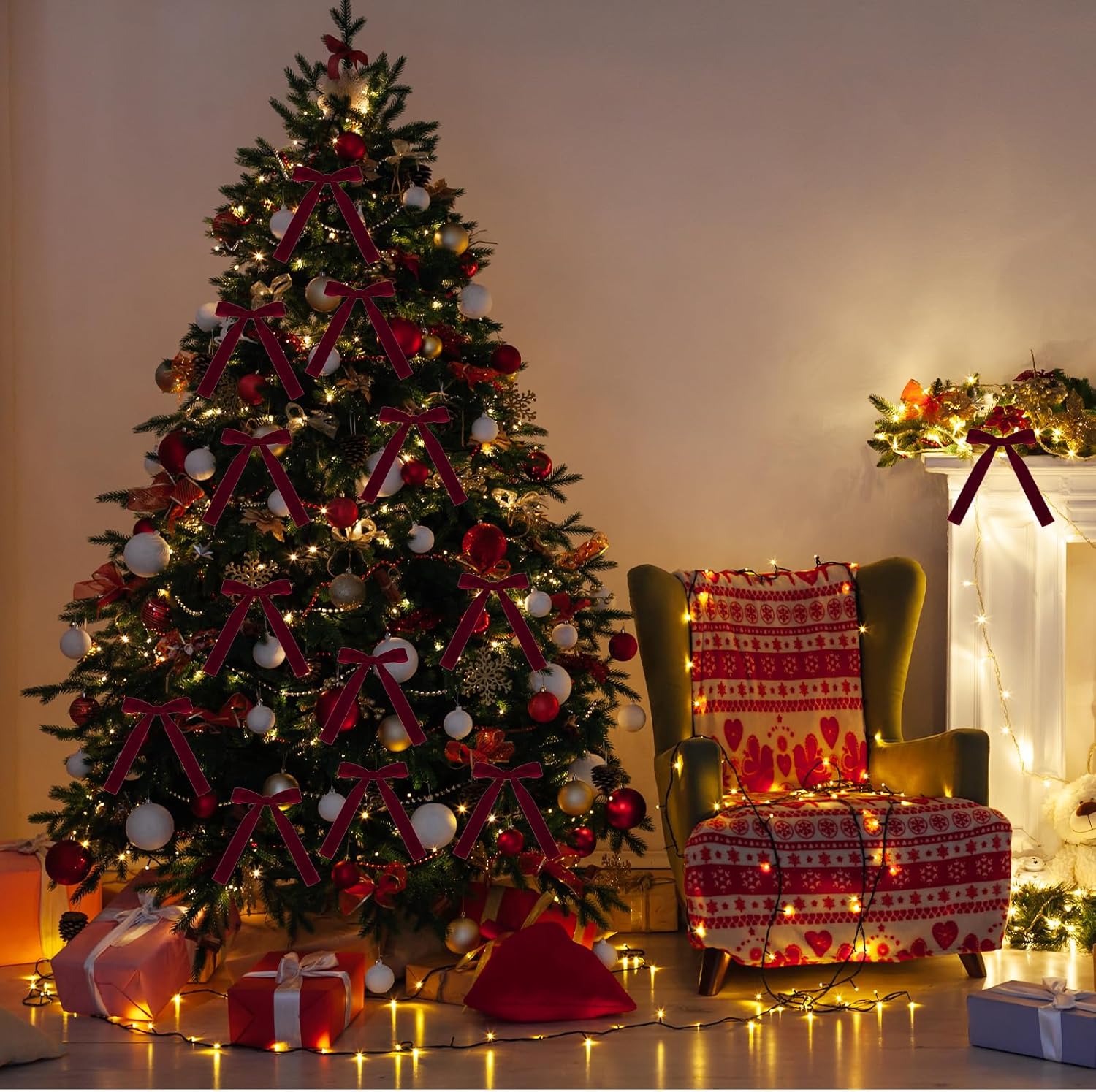 Conjunto de 24 laços de Natal em veludo bordô para decorar a árvore e os presentes - 4