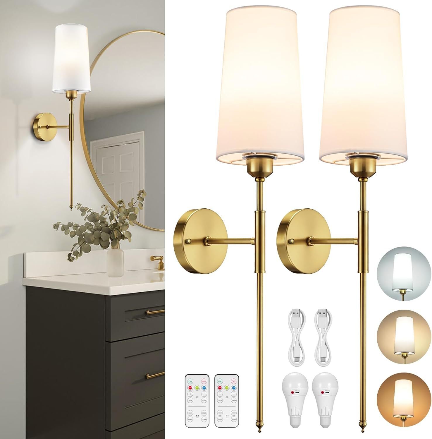 Lampe Murale LED Rechargeable – Applique Sans Fil, Télécommande, 3 Températures, 4 Niveaux, doré - 2