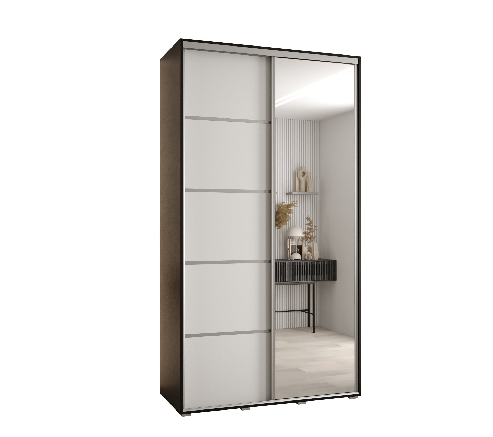 Szafa przesuwna z lustrem wysoka Davos 5 130 x 45 x 235,2 cm czarny + biały + u. srebrny - Abiks Meble