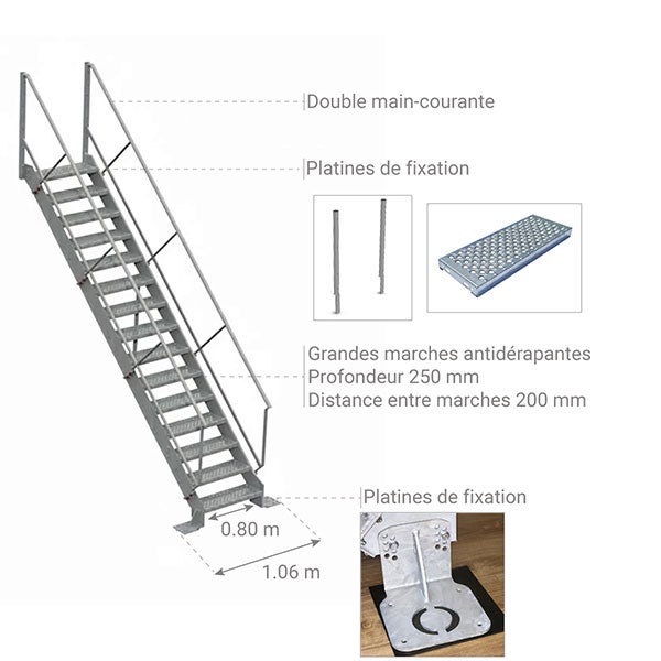 Escalier industriel acier 14 marches - Hauteur à franchir 2,80 m - ETAGP0014 - 3