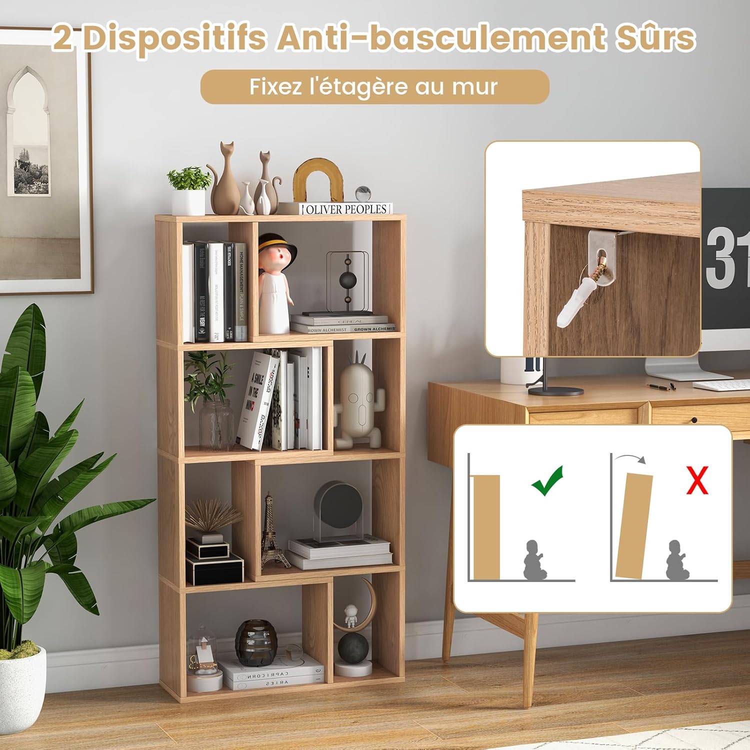 Libreria geometrica in legno, mensola aperta con 8 cubi, scaffale portaoggetti, per camera da letto, 60x20x120 cm (naturale) - 6
