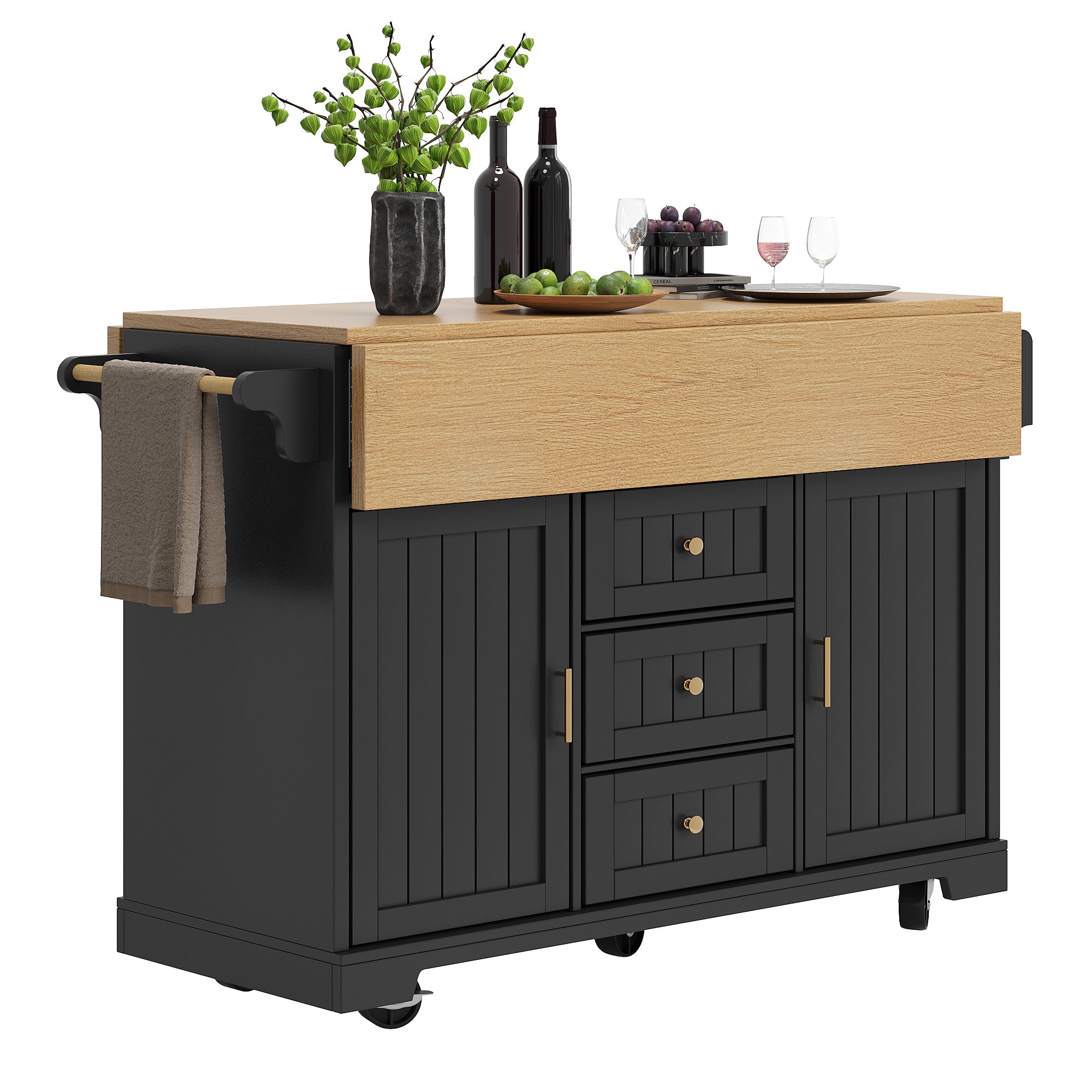 Îlot central de cuisine mobile avec 2 portes et 3 tiroirs - 120 x 40/80 x 95 cm - Plateau extensible - MDF et métal - Noir - 7