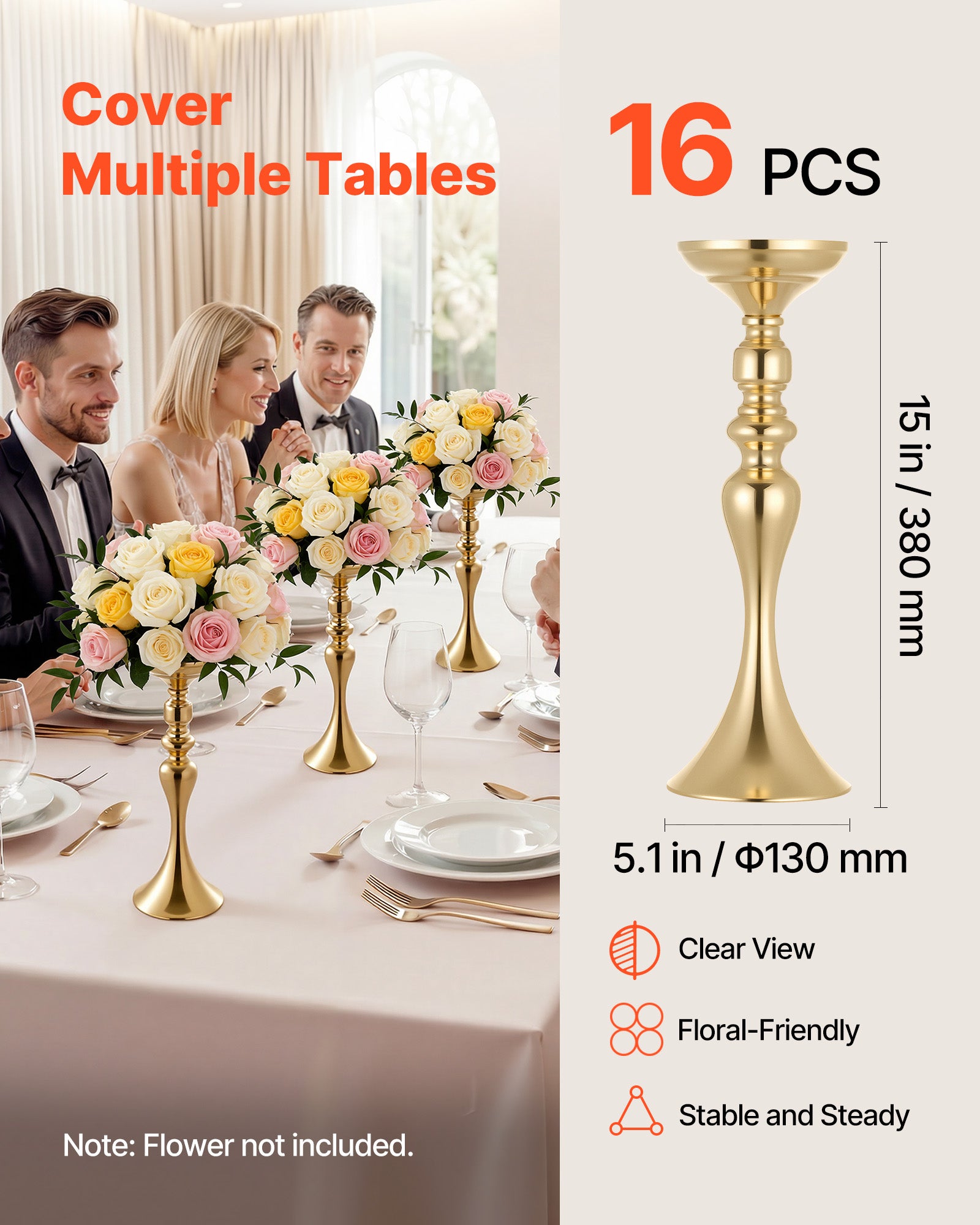 Vase de Mariage Métal VEVOR Lot de 16 Vase de Centre de Table Hauteur 38 cm Support pour Compositions Florales, Banquets Fêtes, Décoration Intérieure - 3