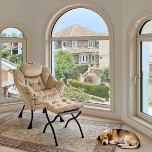Ya-Home Fauteuil rembourré fauteuil moderne en tissu de lin, chaise de salon avec pieds en bois, fauteuils avec accoudoirs pour chambre à coucher/salon, beige