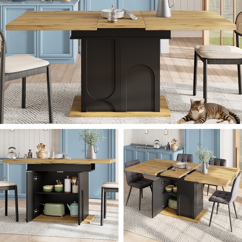 Rozkładany stół jadalny dla 4-6 osób z 2 drzwiami - 110/140 x 80 x 76 cm - MDF - Czarny + naturalny