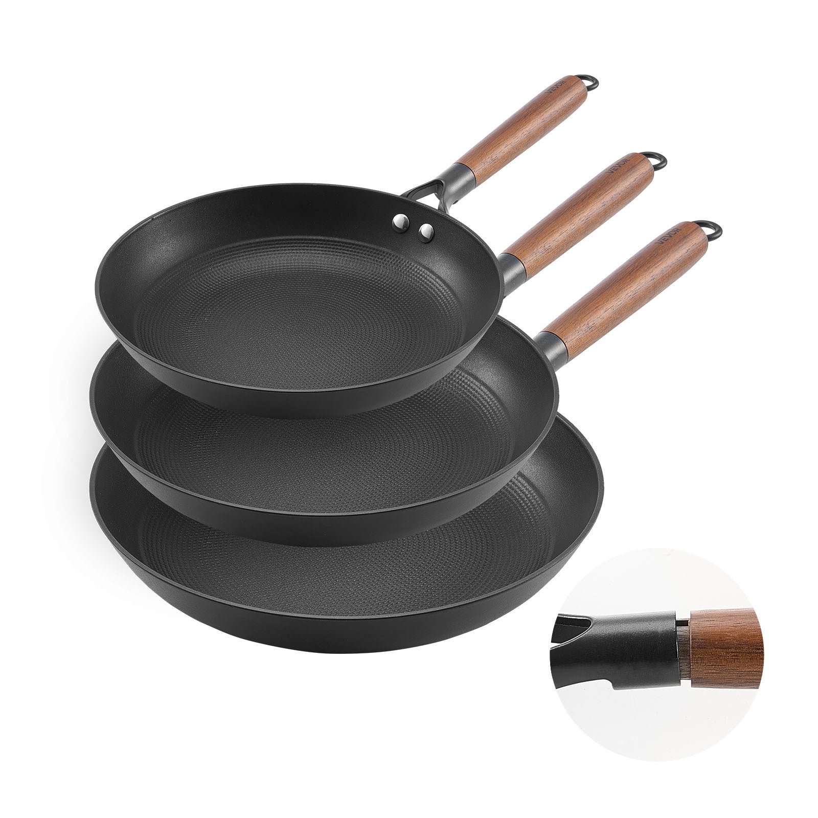 Set de tigaie VEVOR din fonta de la 3 buc. 20,5/26,5/31 cm, tigaie antiaderenta pre-asezonata cu maner detasabil din lemn, negru