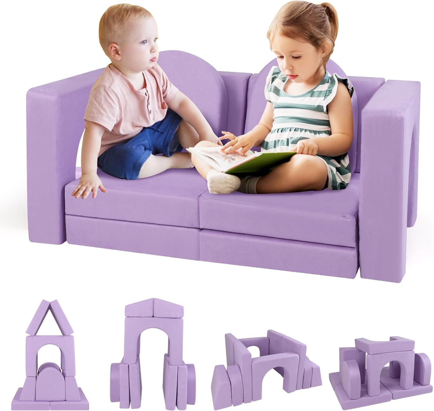 Sofá modular para niños de 8 piezas, set de bloques de espuma con funda de tela suede, espuma de alta densidad, sofá convertible para niños en el