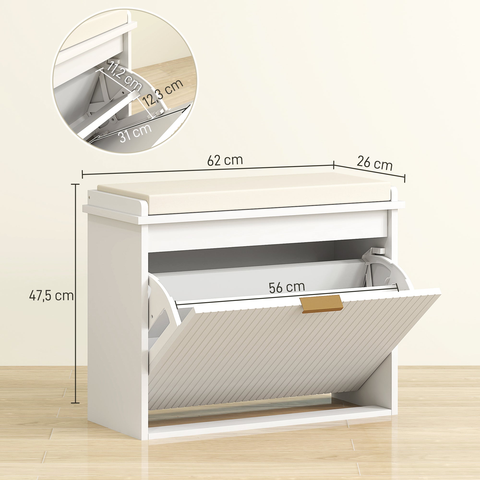 Rangement Banc à chaussures avec coussin d'assise rembourré et tiroir rabattable pour couloir chambre 62 x 26 x 47,5 cm - blanc - 5