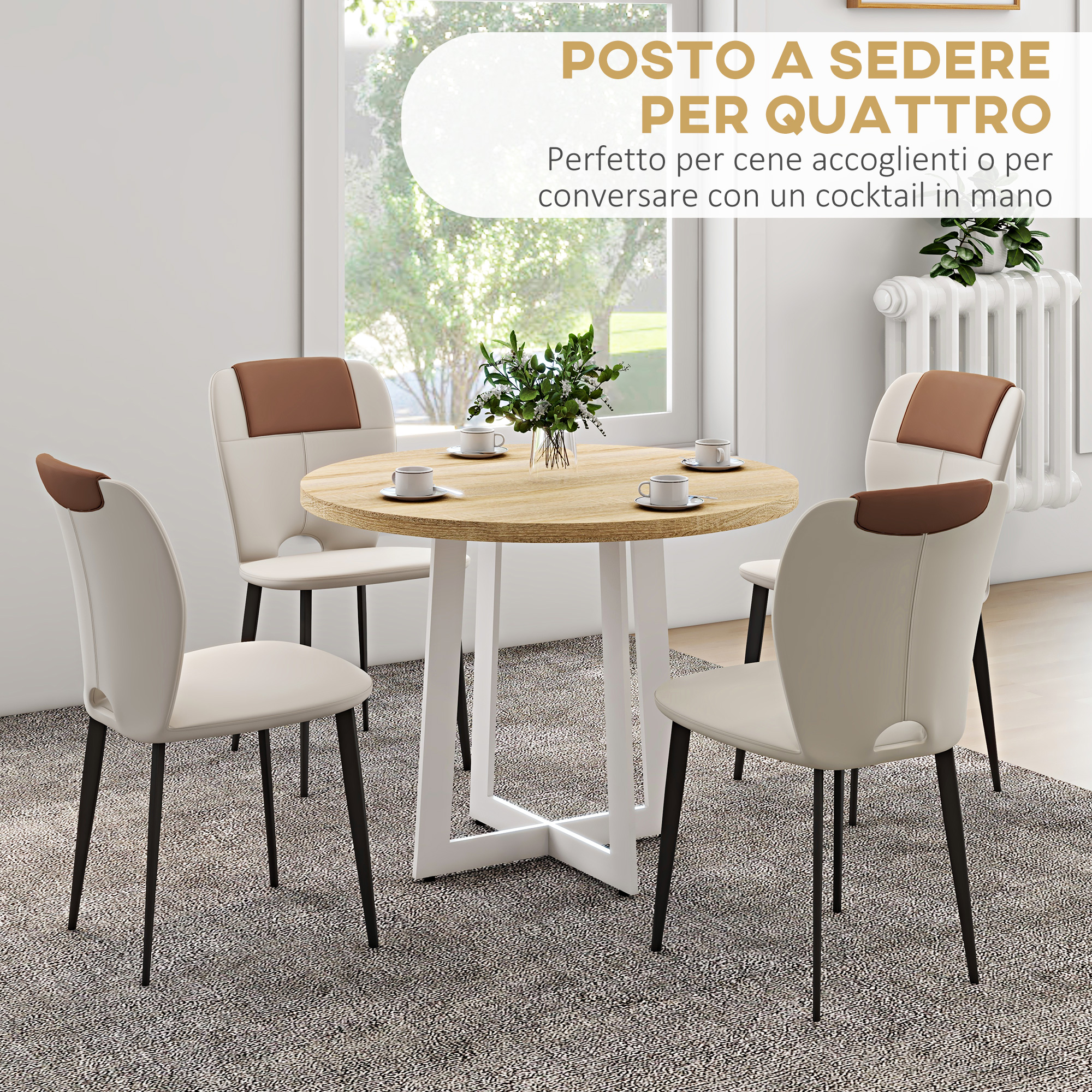 HOMCOM Tavolo da Pranzo Rotondo Moderno per 4 Persone, Ø100x75cm, Legno Naturale e Bianco - 4