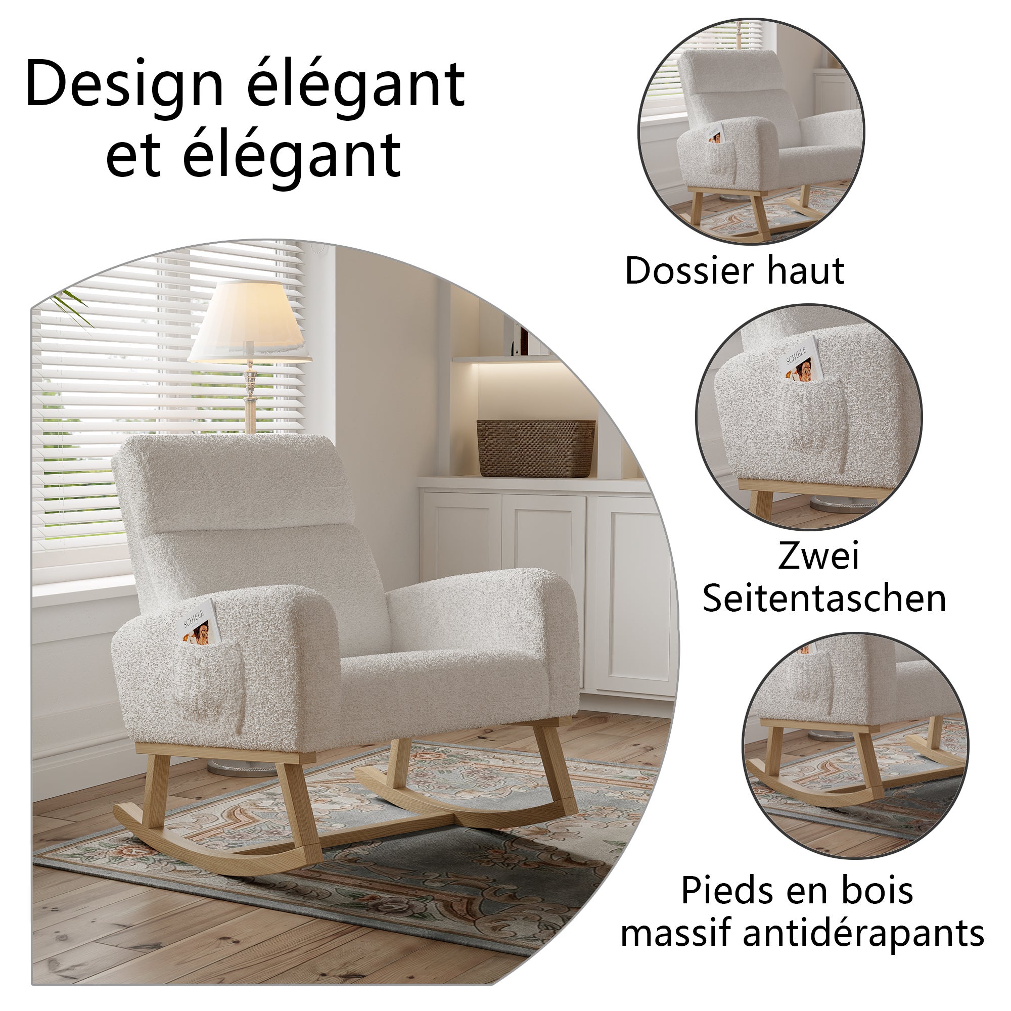Fauteuil a Bascule, Chaise a Bascule Allaitement avec Poches Latérales et Base en Bois, Fauteuil Rocking Chair interieur extérieur pour Chambre, Blanc - 6