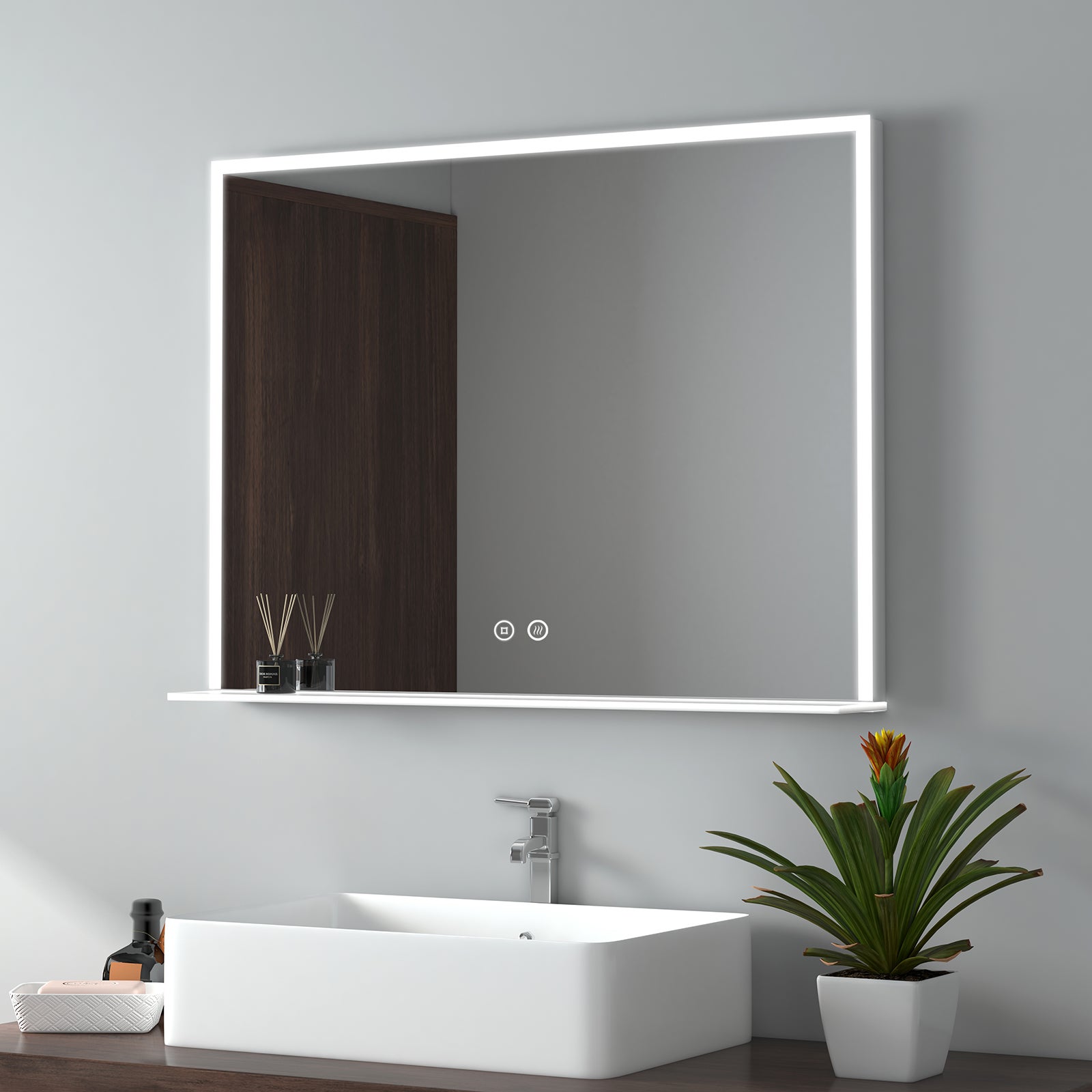 YOURLITE Miroir De Salle De Bain Avec Éclairage LED 80x60cm Fonction Antibuee Couleur Et Luminosite Reglables Avec Affichage Heure Et Temperature Montage Mural Vertical Argente Argente Vertical