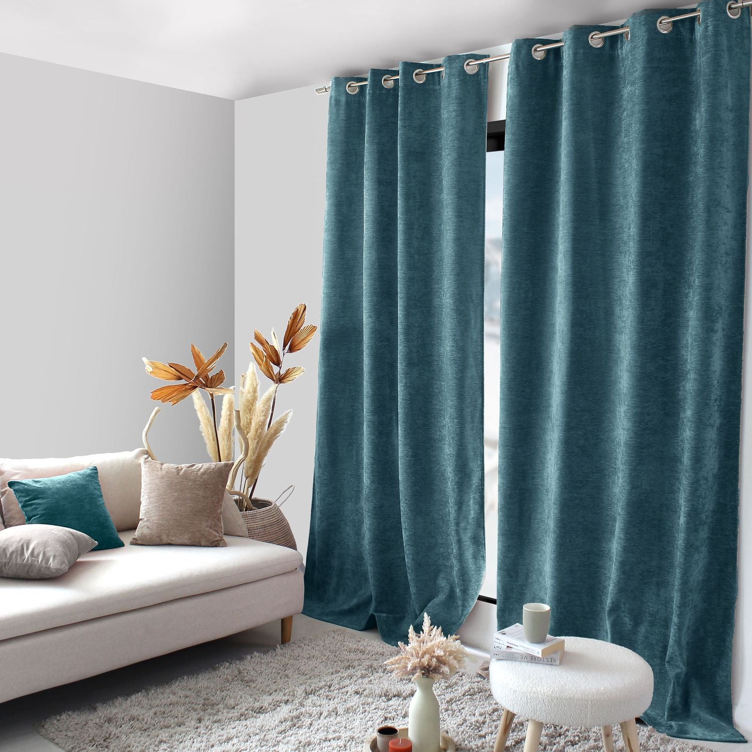 Rideau thermique et occultant en velours - 140 x 260 cm - Bleu canard - 2