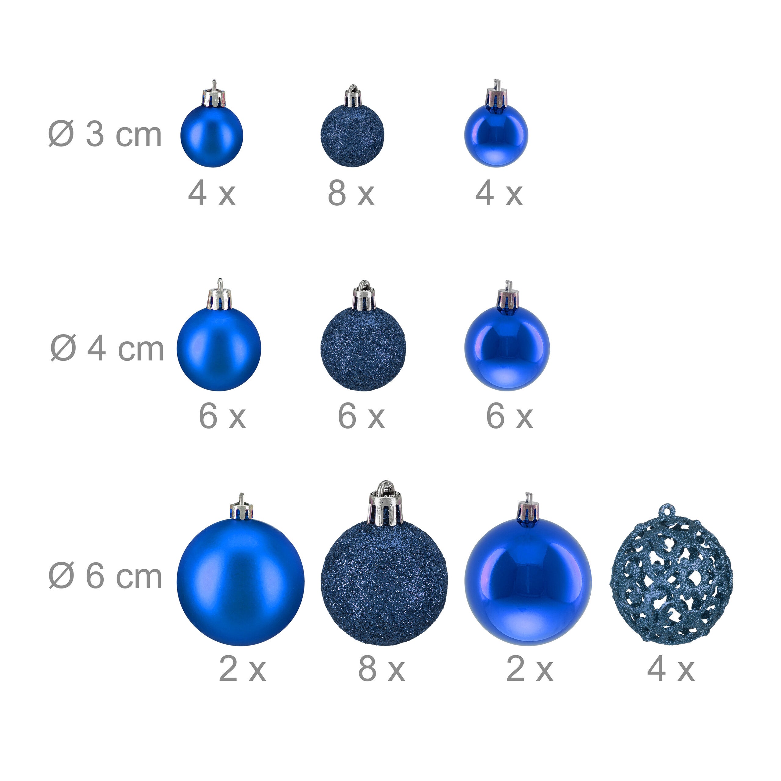 Palline di Natale, in Set da 50, Addobbi Natalizi, Opache, Lucide, Glitterate, ∅ 3,4 e 6 cm, Decorazioni, Blu, Relaxdays - 4