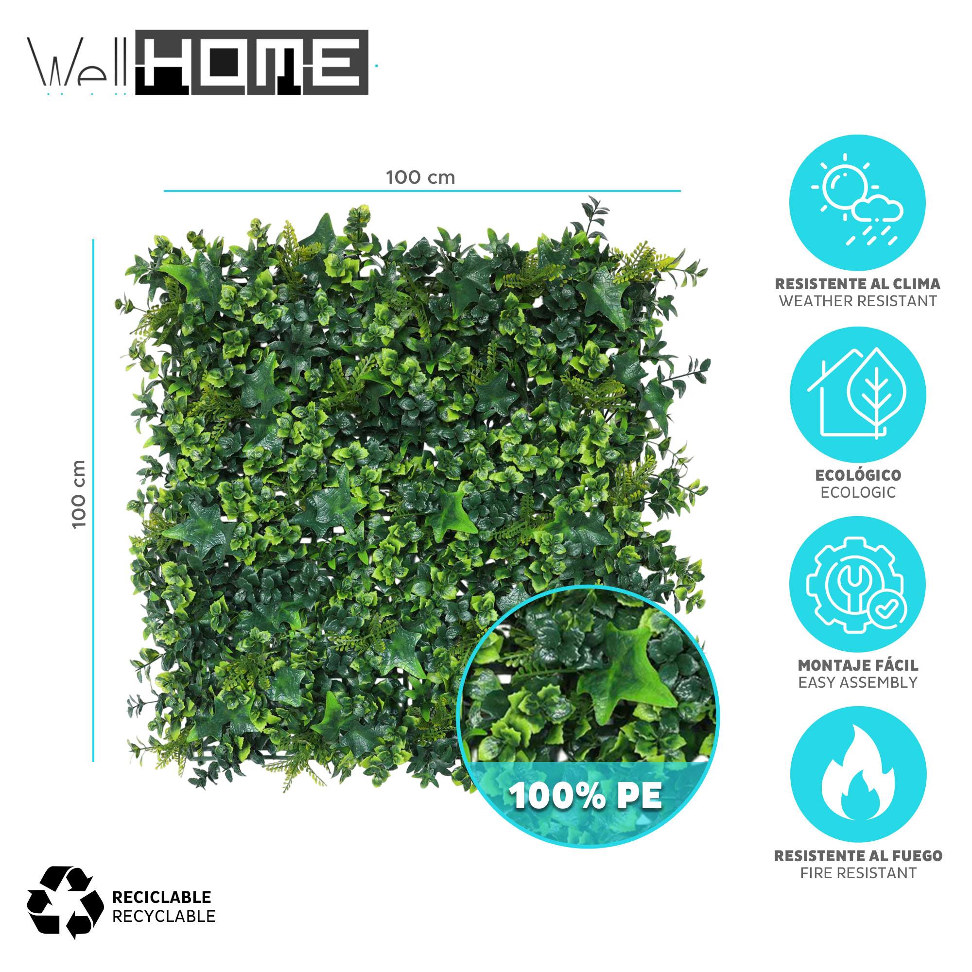 WellHome Seto Artificial 100x100cm, Jardin vertical de hojas Verdes Mixtas - 2