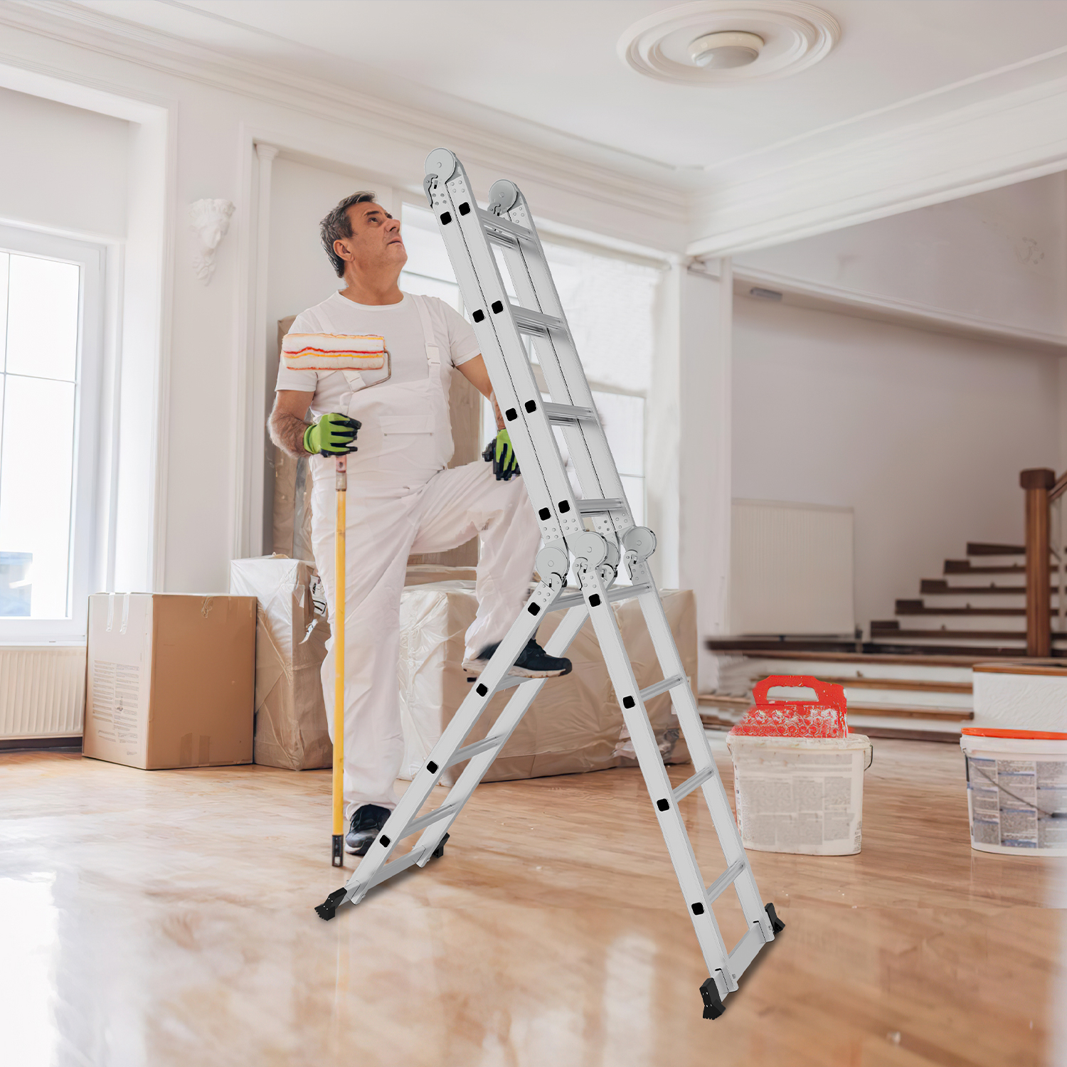 Échelle transformable multifonctions 582cm, 6 en 1 échelle multifonctionnelle aluminium, échelle pliante avec 2 roulettes et plateforme - 9