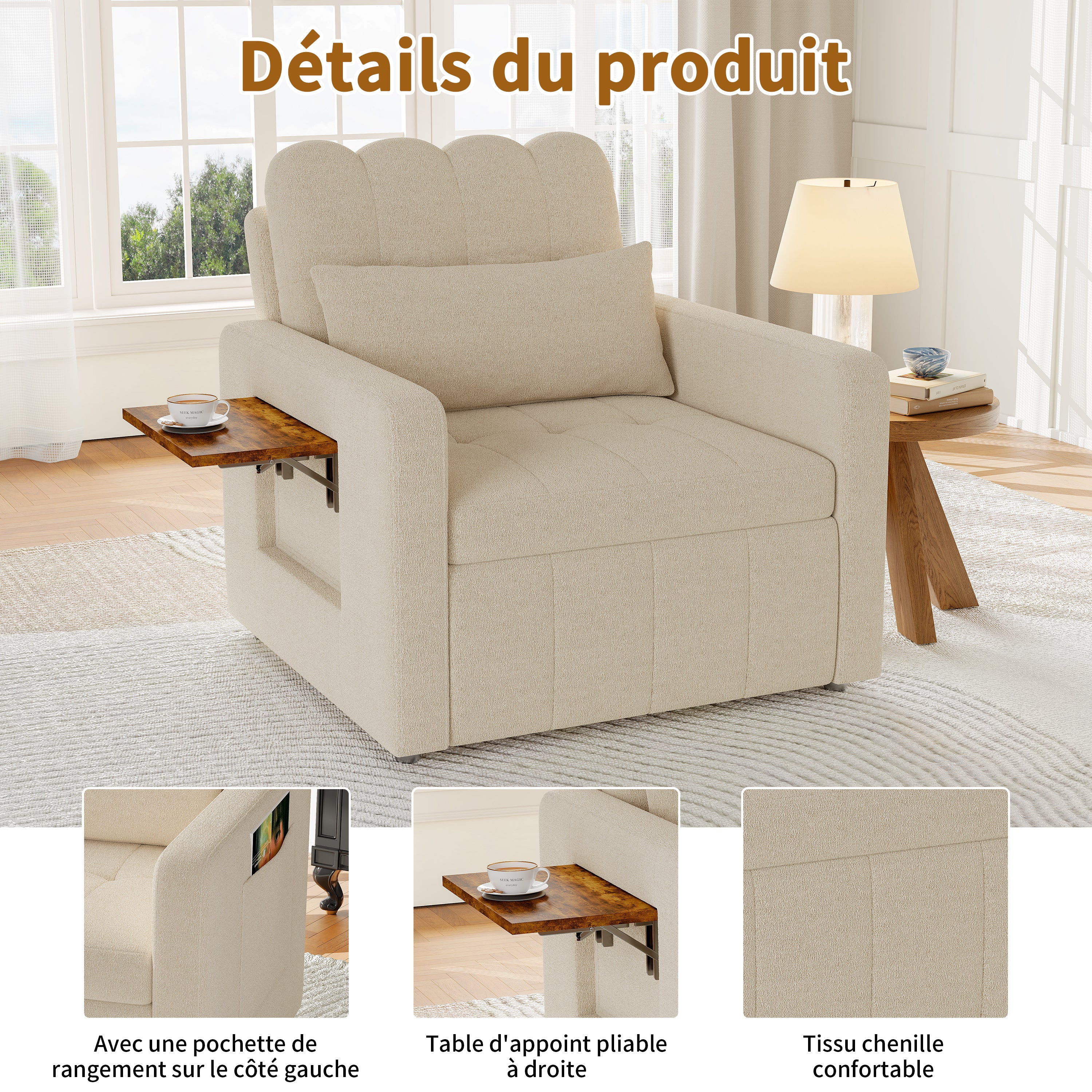 Canapé Lit Convertible 1 Place,3 en 1 Fauteuil Convertible Lit avec Table et Poches,Fauteuil Lit avec Dossier Réglable à 5 Positions,Beige(Chenille) - 7