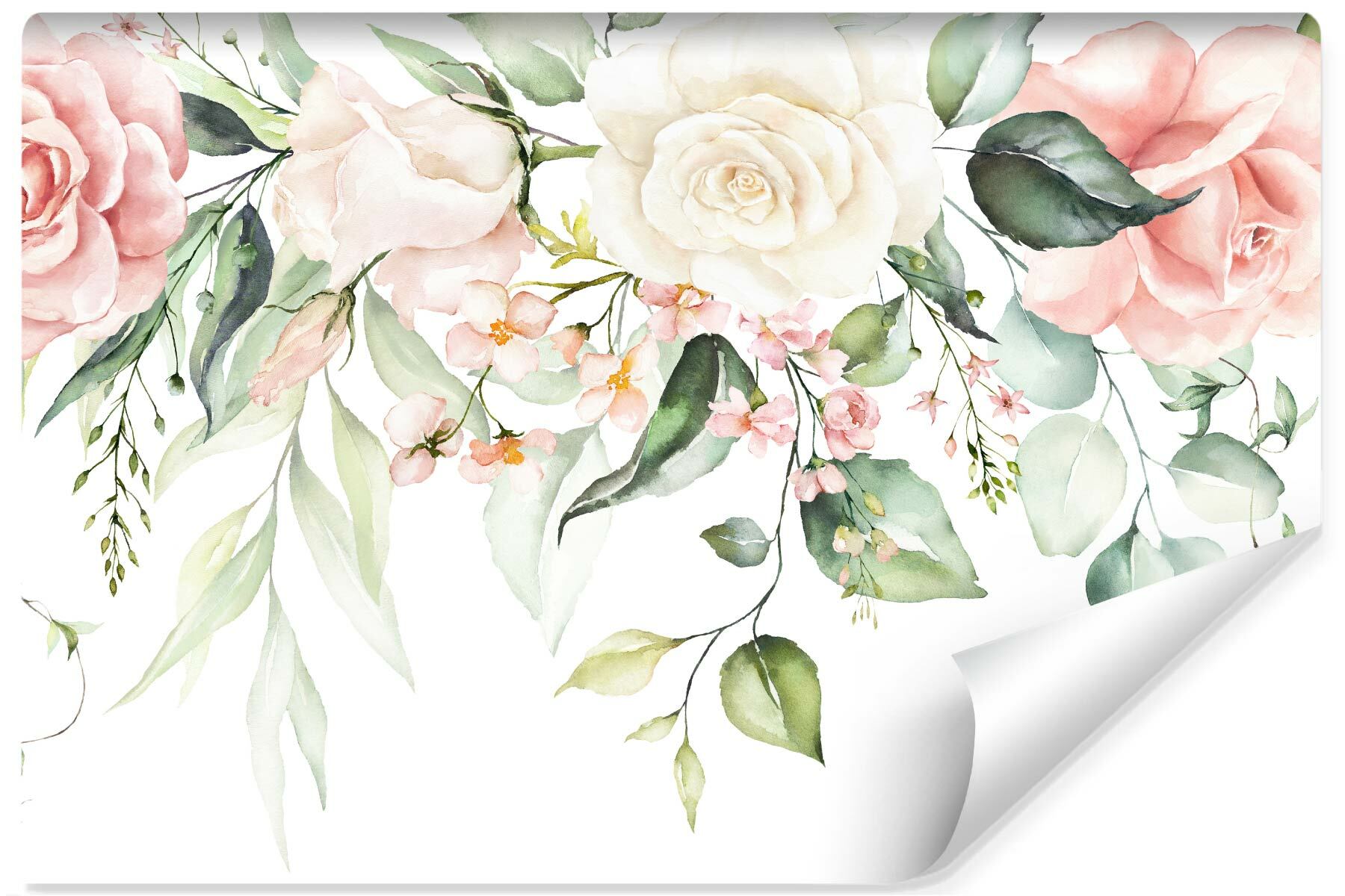 Papel pintado fotografia vlieseline rosas hojas acuarela para salon 405cm x 270cm