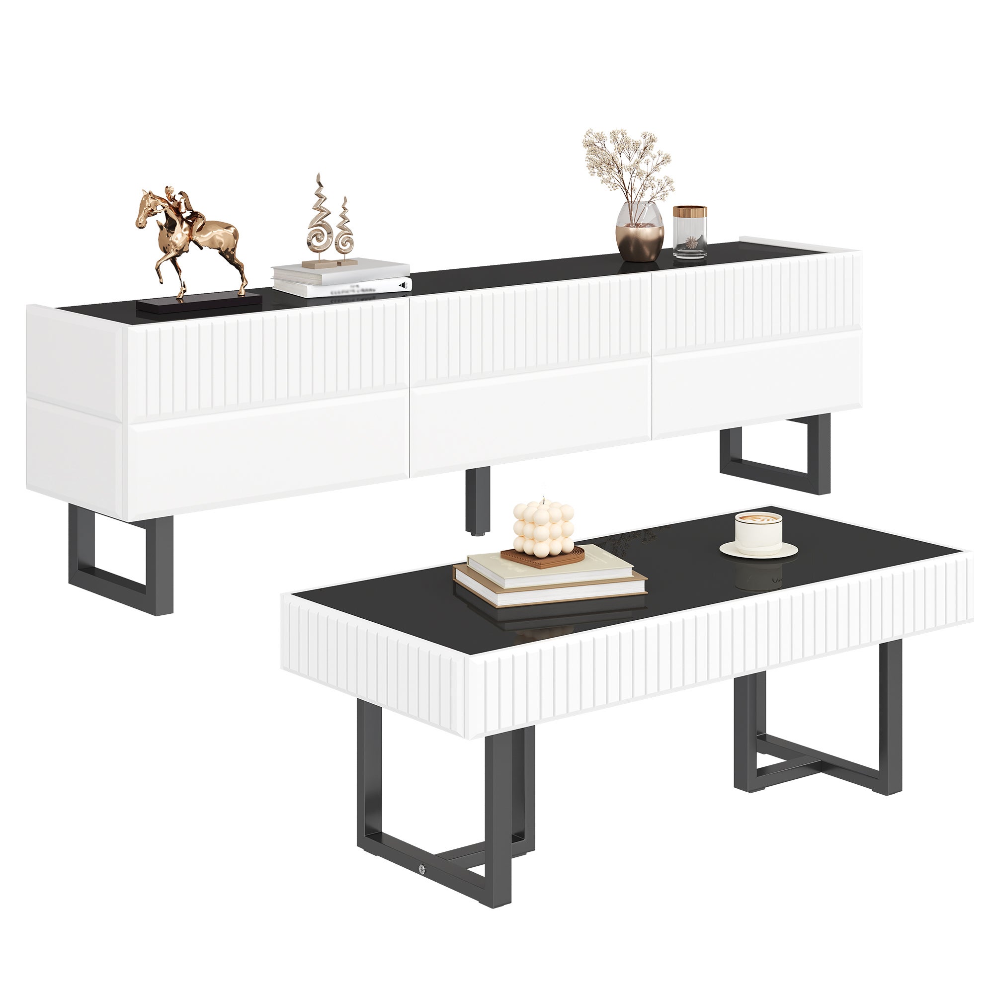 Zestaw mebli RTV 170 x 35 x 47 cm z 3 szufladami i stolikiem kawowym 110 x 50,5 x 41 cm - Płyta wiórowa + MDF - Kolor biały + czarny - 2