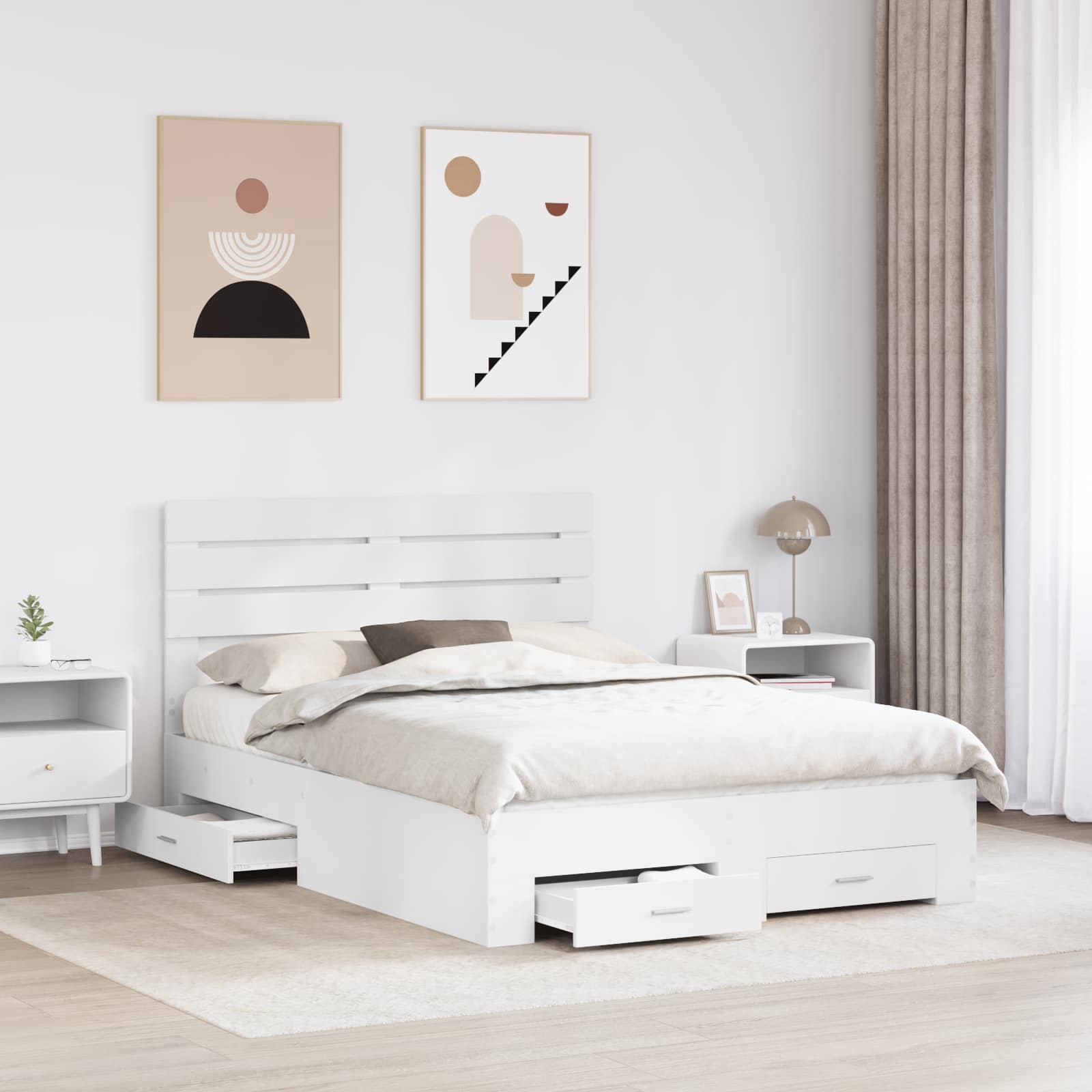 Cadre de lit avec tiroir, blanc, panneau de bois, pour la chambre, 160 × 200 cm - 3