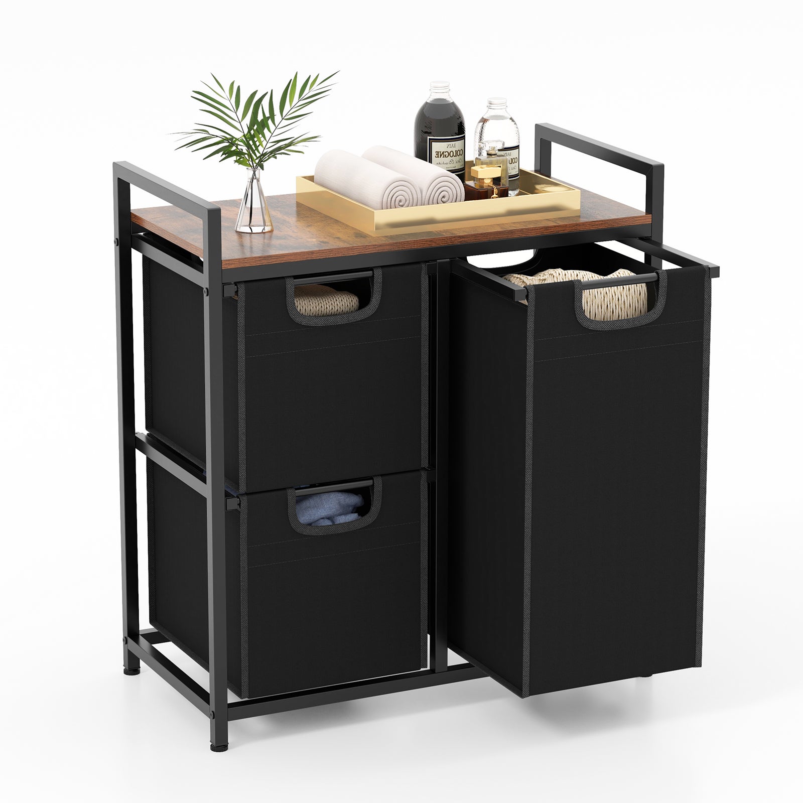 Coș de rufe cu 3 compartimente, coș pentru rufe murdare cu raft, 3 saci detașabili țesătură Oxford, 40 L + 2 x 19 L, cadru metalic, maro