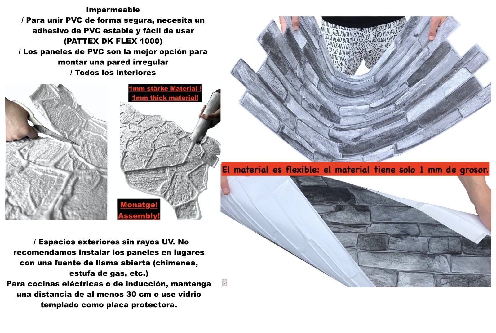 4 m²/10 pièce 3D PVC IMITATION TUILES panneaux muraux revêtement mural DECOR PVC bardage carreaux imitation Grey Ston épaisseur 1mm ! - 7