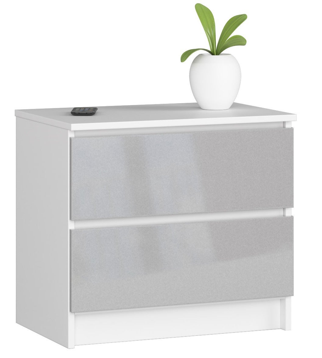 Stolik nocny: 2 szuflady, biały | metaliczny połysk, szer.: 60 cm, wys.: 55 cm, gł.: 40 cm.