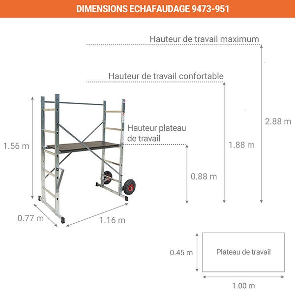 Echafaudage de jardin - Hauteur de travail max. 1,88m - 2 roues Ø 190mm - Plateau 1,00x0,45m - 9473-951 - 2