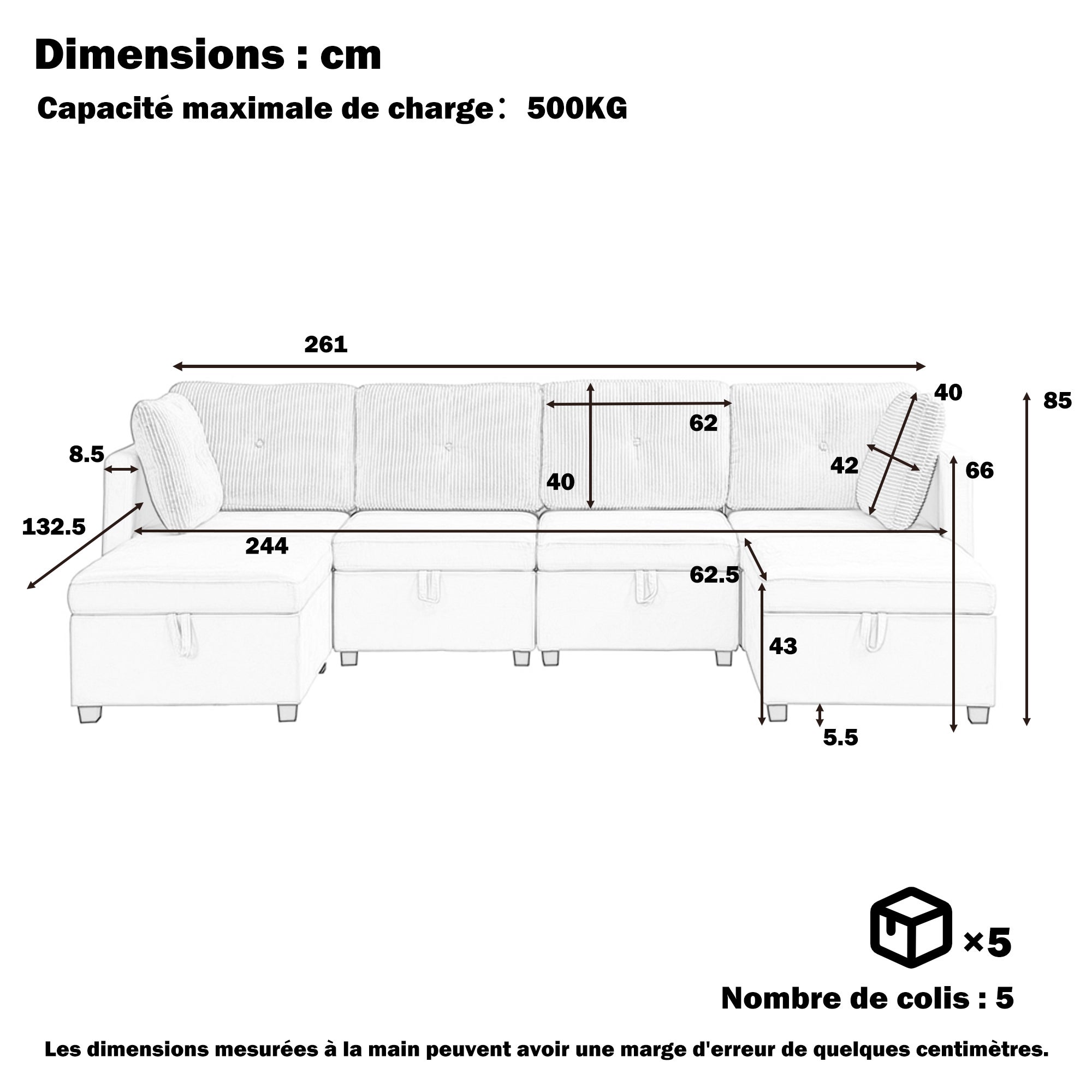 Canapé 6 places en forme de U - avec rangement - convertible multifonctionnel - velours + velours côtelé - beige - 5