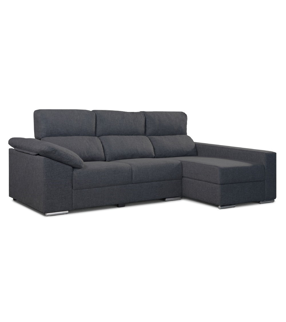 Sofá chaise longue marsella con arcón y asiento deslizante, derecho visto de frente, gris oscuro