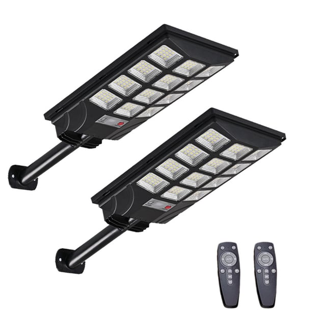 2 postes de iluminação pública solares com detetor de movimento, 144 LEDs, 6500 K, projectores solares do crepúsculo ao amanhecer com controlo remoto