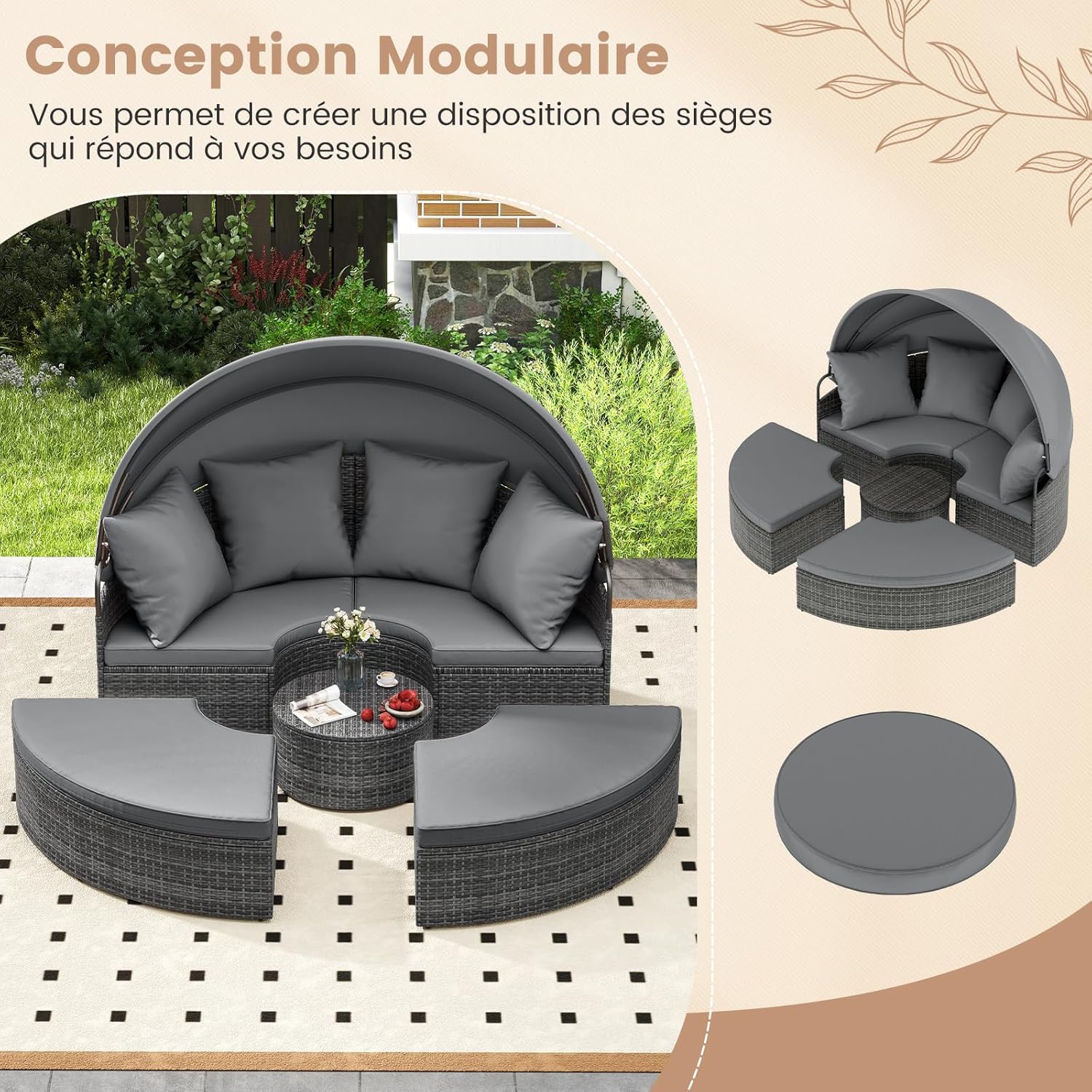 Lit Rond d'Extérieur avec Auvent Rétractable, Canapé d'Extérieur en Sections en Rotin PE avec Coussins, pour Jardin, Piscine, Gris - 7