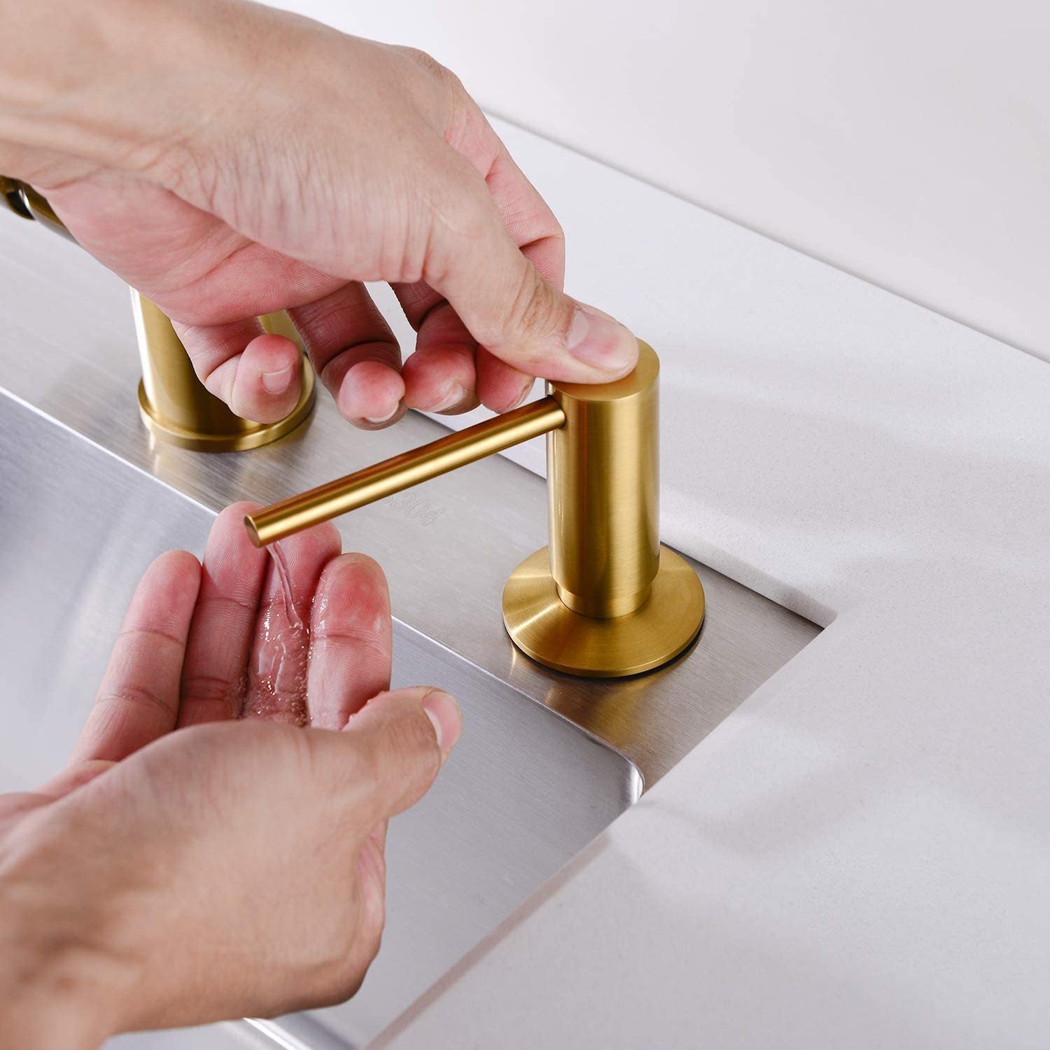 Dispenser di sapone da cucina con contenitore da 500 ml - Dispenser di sapone da incasso per lavello da cucina - Oro - 3
