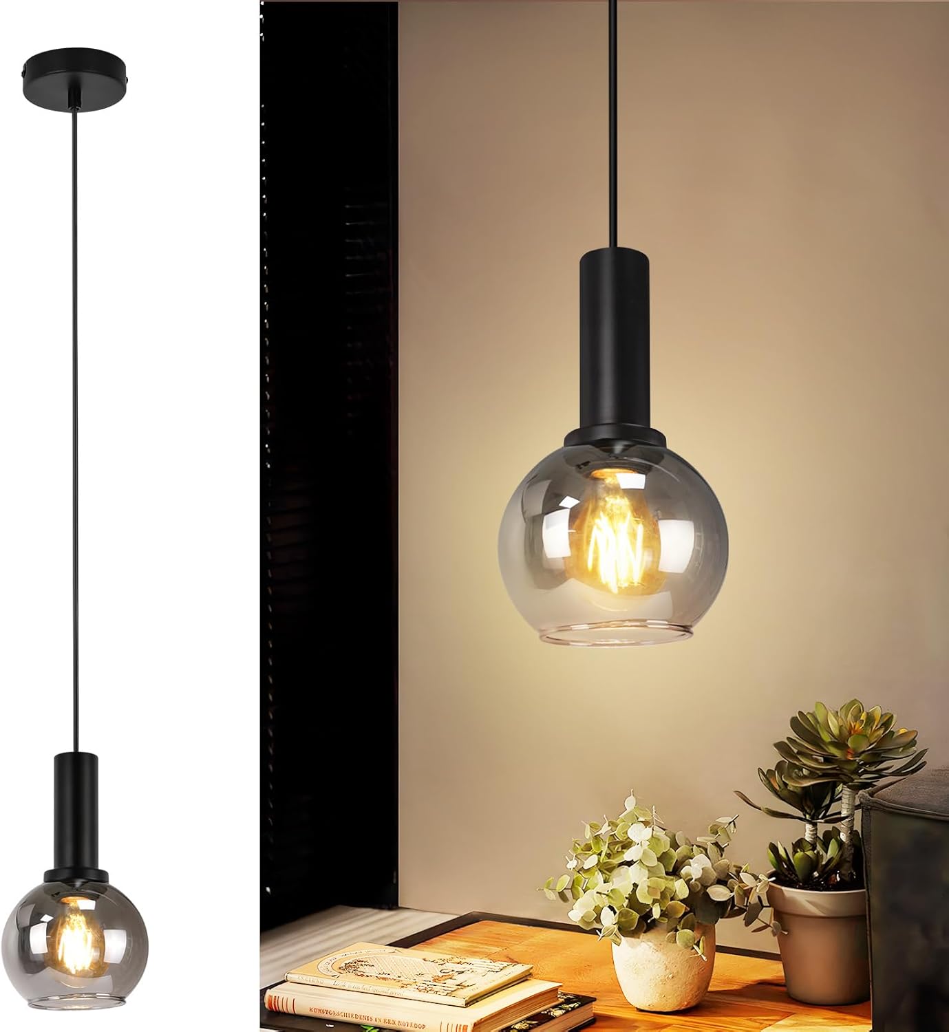 ZMH Lampa wisząca do jadalni, 1 czarny płomień, żarówka E27, lampa wisząca w stylu vintage do salonu
