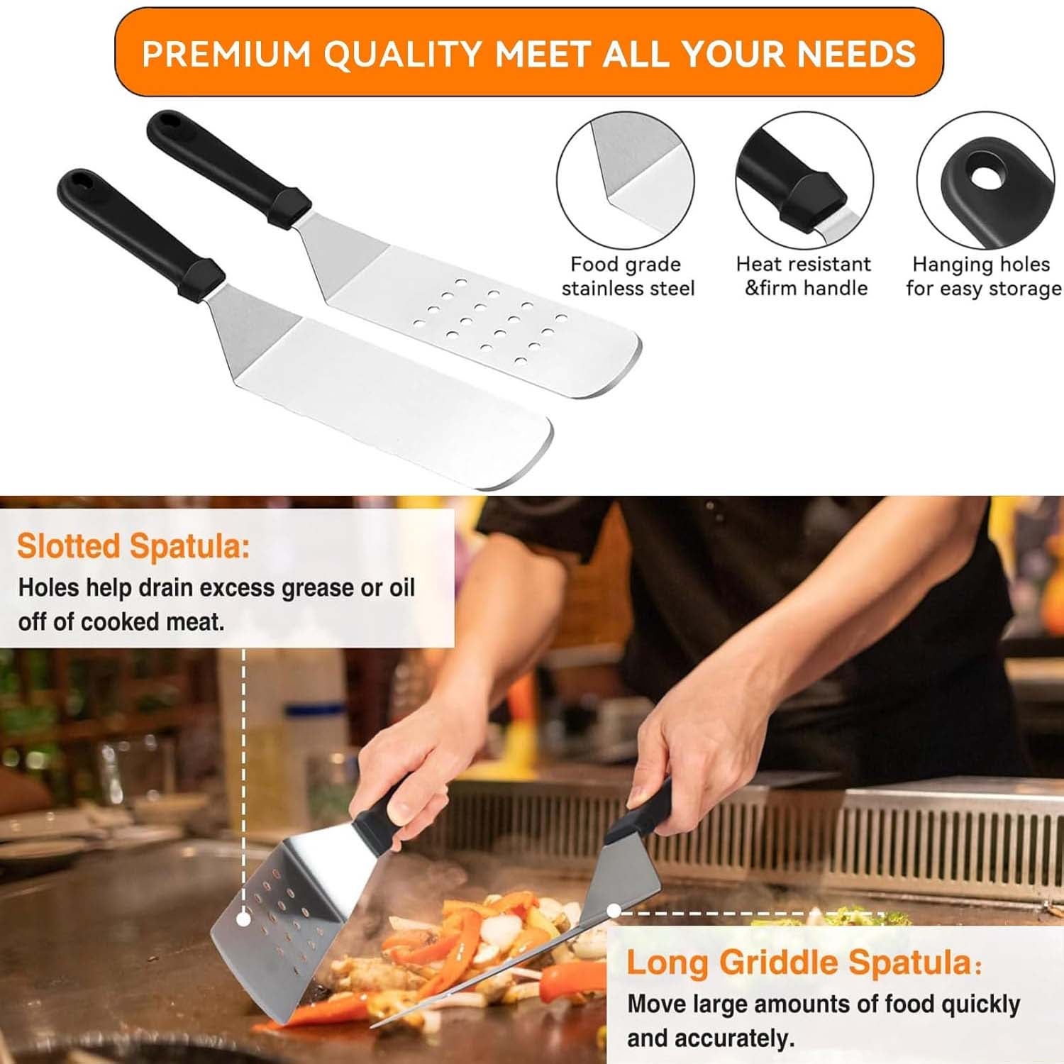 Ensemble 34 pièces accessoires BBQ pour plaque de cuisson – spatules surdimensionnées, racloir, pinceau et housse pour barbecue extérieur Blackstone - 5