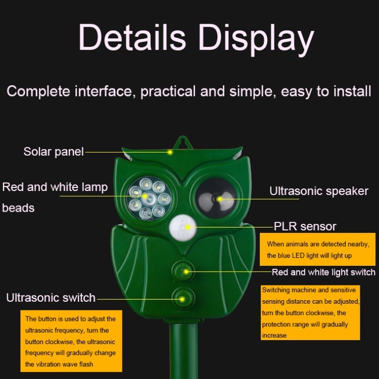 COODAY Répulsif Ultrasons Solaire Pour Souris, Oiseaux, Écureuils Et Nuisibles - Étanche Avec LED