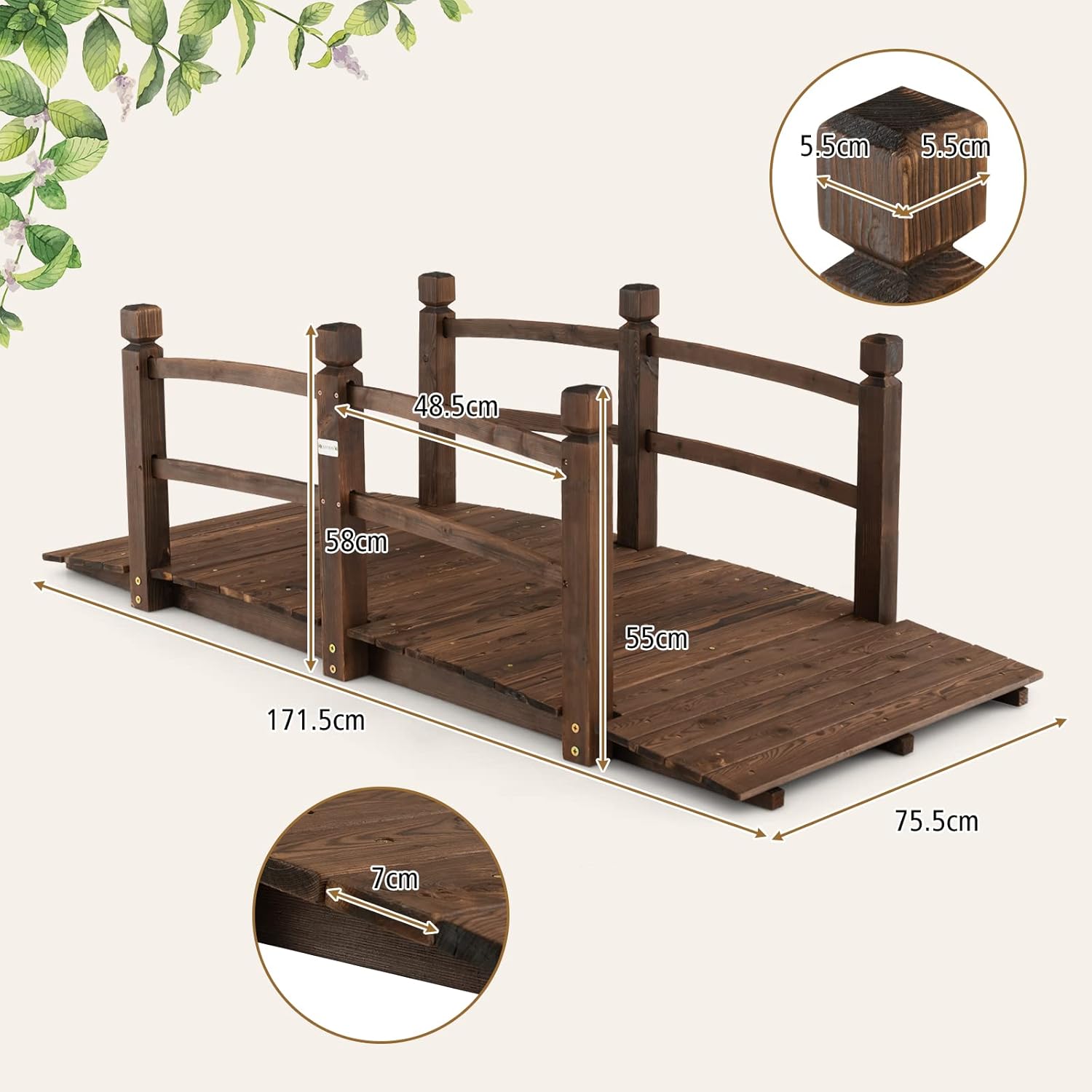 Pont de Jardin en Bois de Sapin, avec Balustrade et Fond Renforcé, Pont Décoratif Carbonisé Résistant aux Intempéries - 2