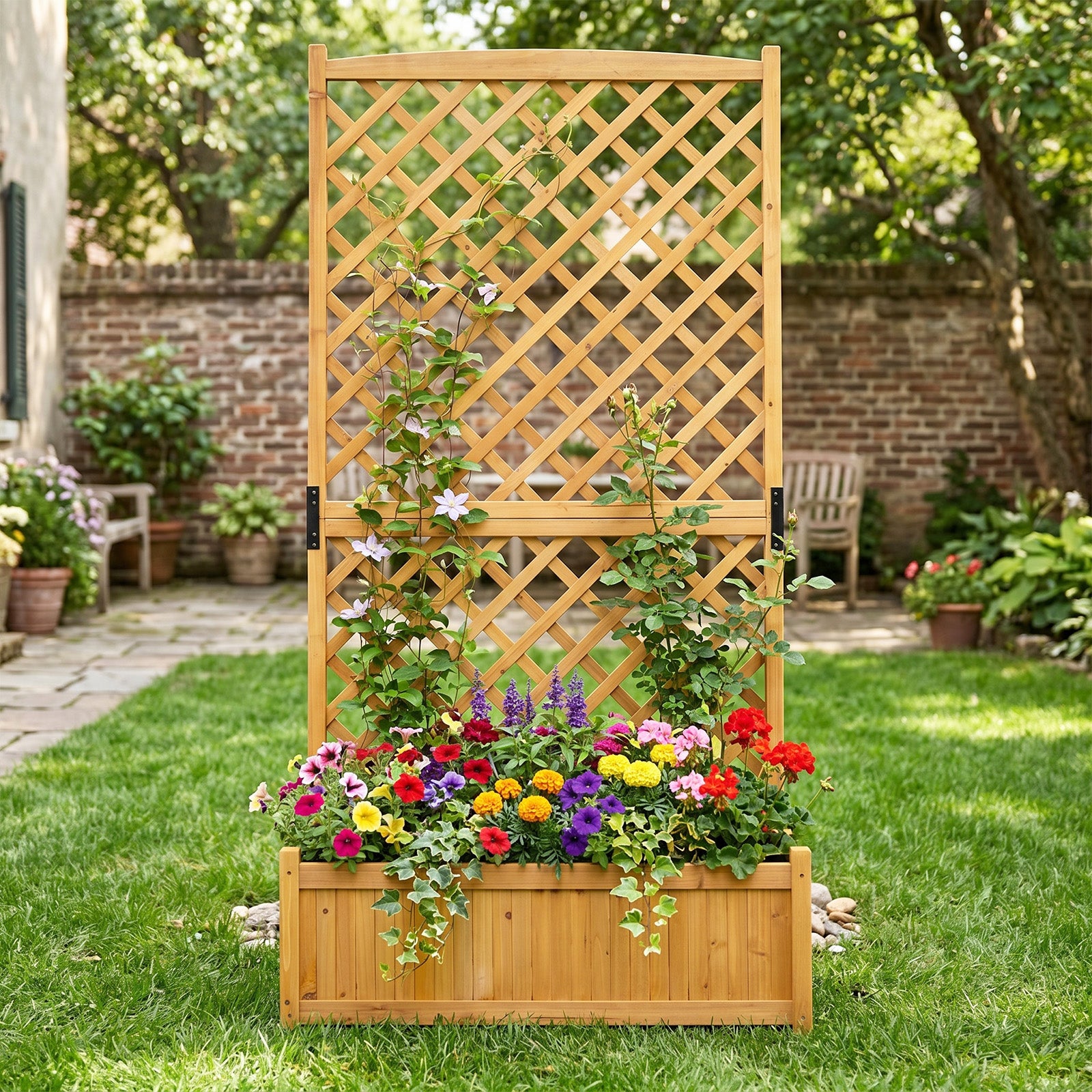 Jardinière avec Treillis 180cm en Bois, 4 Trou de Drainage pour Plantes Grimpantes, Fleurs, Bac à Fleurs avec Treillis, 90x44,5x180,5CM (Naturel) - 2