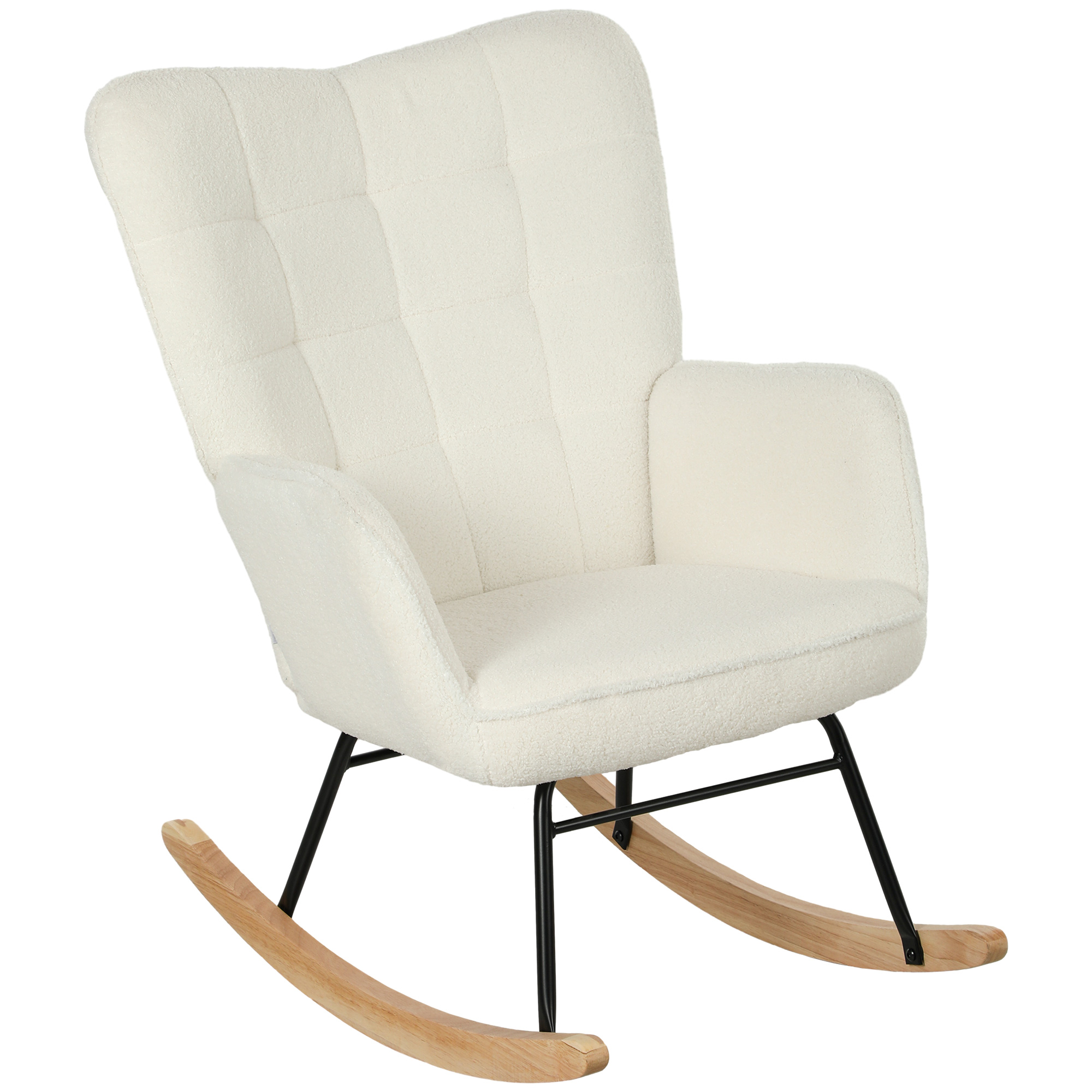 Mecedora, mecedora con aspecto de vellón bereber, reposabrazos, silla tapizada con base de madera, sillón de relajación, color blanco