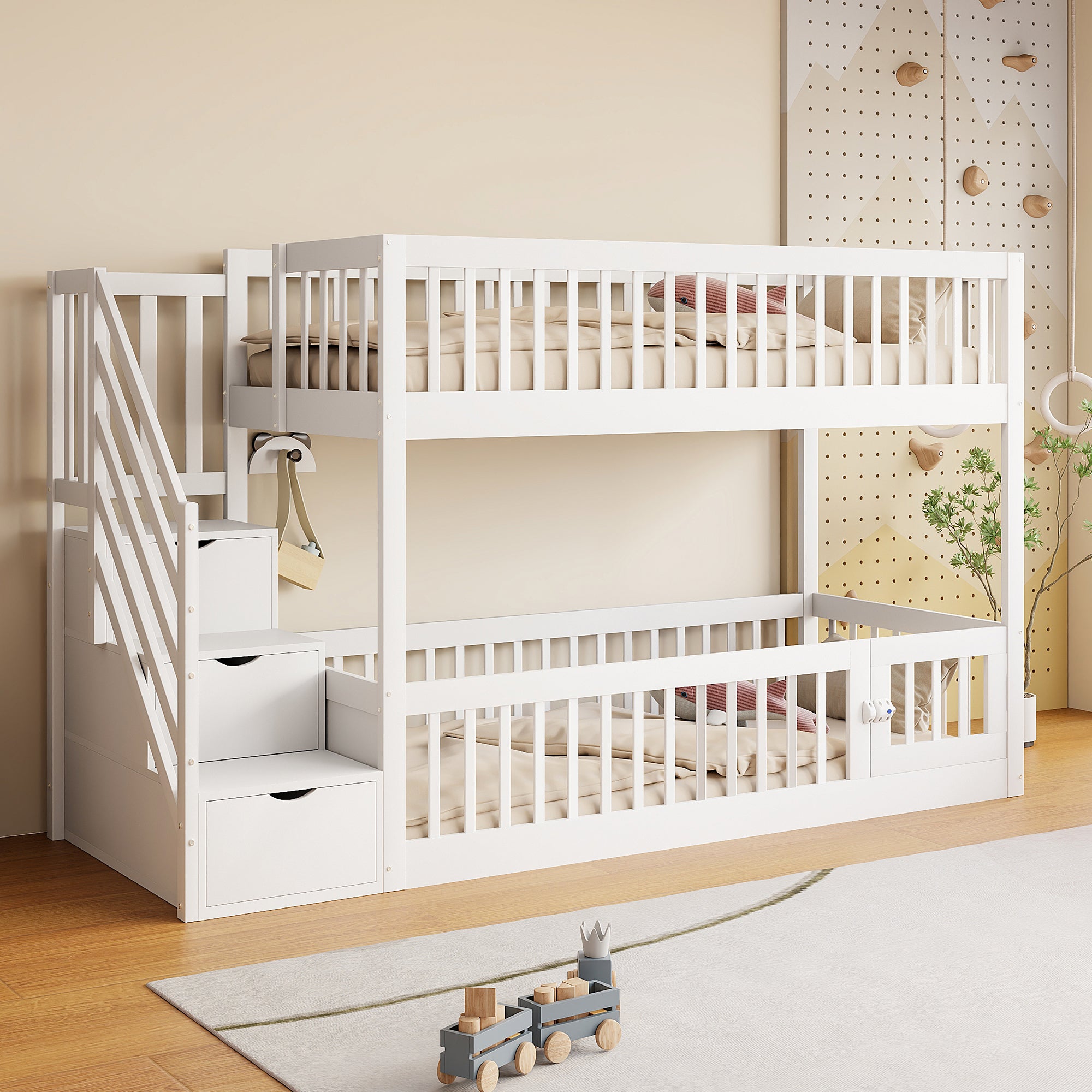 Łóżka piętrowe 2 x 90 x 200 cm z 3 szufladami i barierkami zabezpieczającymi - Drewno lite + sklejka + MDF - Białe (bez materaca)