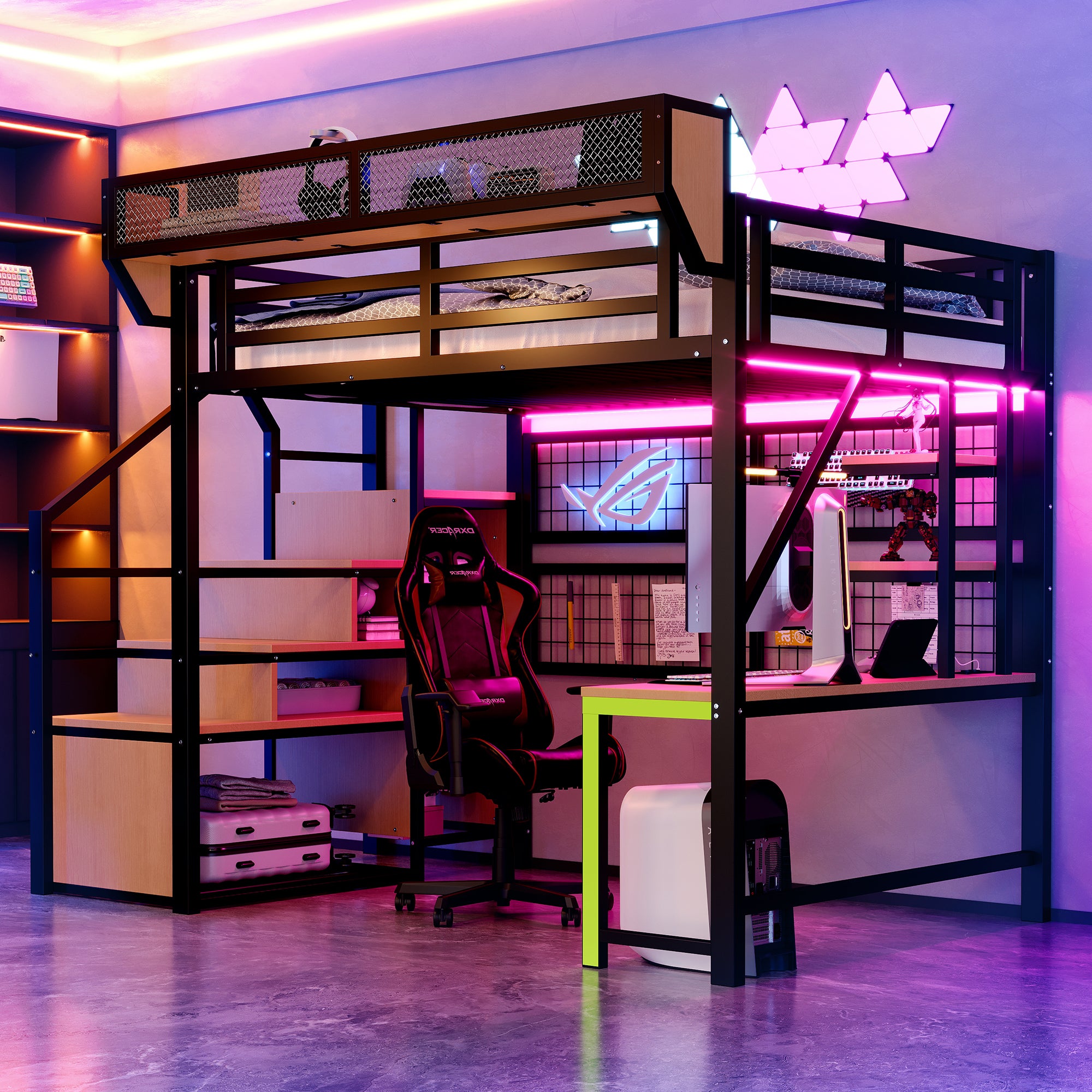 Lit Mezzanine en Métal 140x200 cm avec Bureau, Armoire et Échelle de Rangement, Lit superposé avec LED et Prises, Lit enfant Noir, Sans matelas - 3