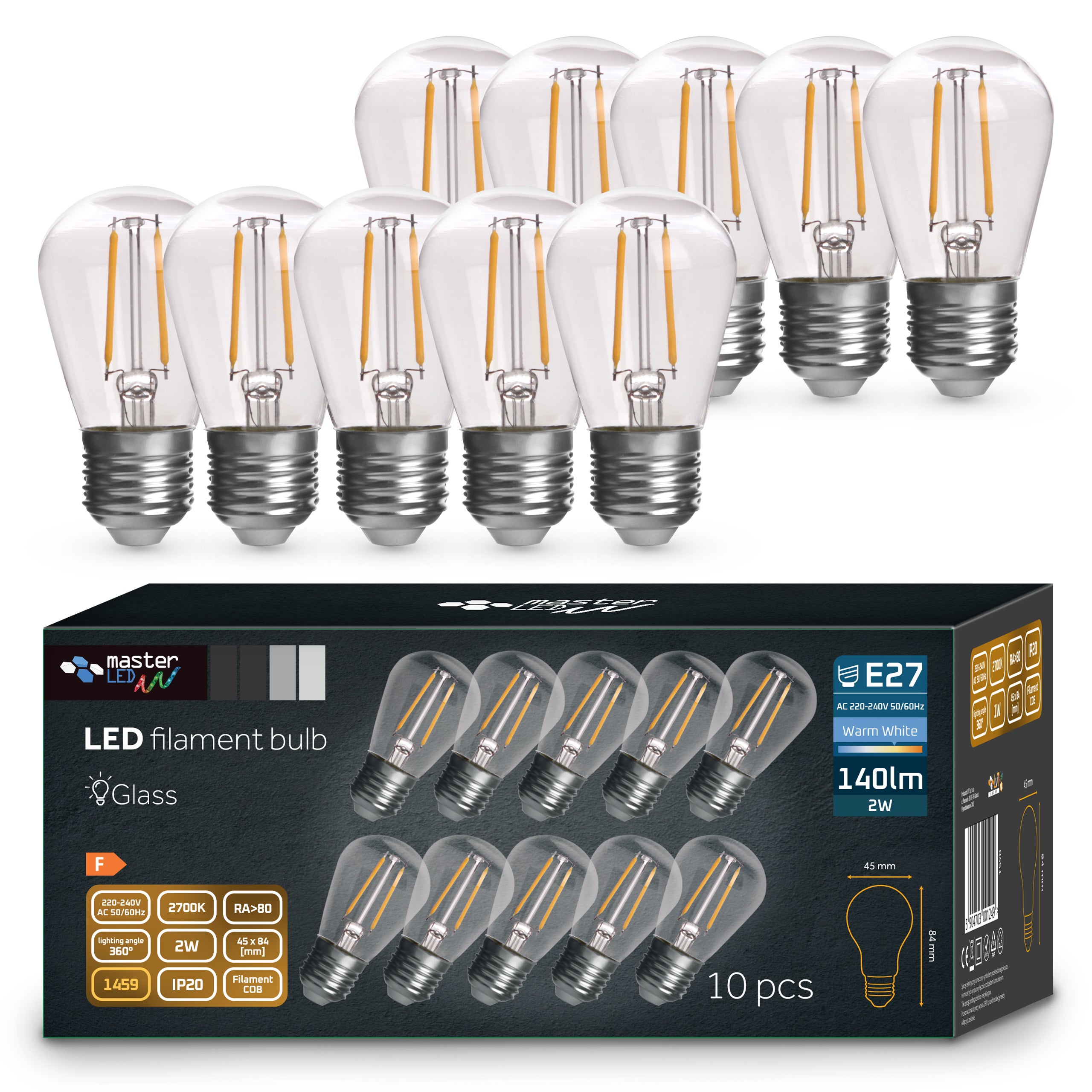 Żarówka LED E27 10 szt. Filament ST14 2W 2700K ciepła biel żarówki zestaw MasterLED