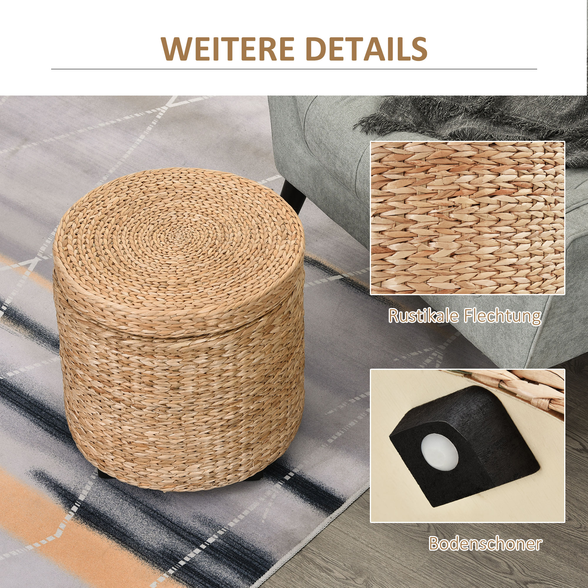 Pouf contenitore in rattan rotondo con coperchio rimovibile, poggiapiedi multifunzione, Ø43x43 cm, colore kaki - 6