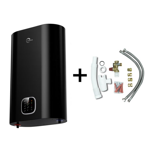 Chauffe Eau Electrique Plat Mural Multipositions Kimoro Noir 50 Litres Sannover + Kit d'Installation Complet NF