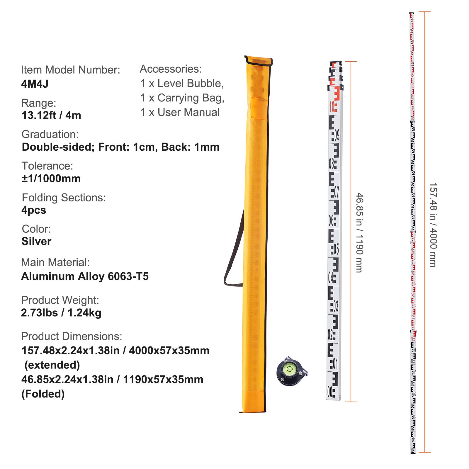 Tige mesure télescopique aluminium 4M,SucceBuy échelle double face (CM/MM),nivellement avec niveau à bulle et sac transport pour maisons,murs,sols - 9