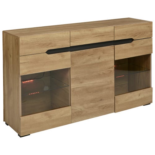 Buffet LED Moderne, 3 Portes, 3 Tiroirs, Bois Naturel, 140x35x80 cm ...
