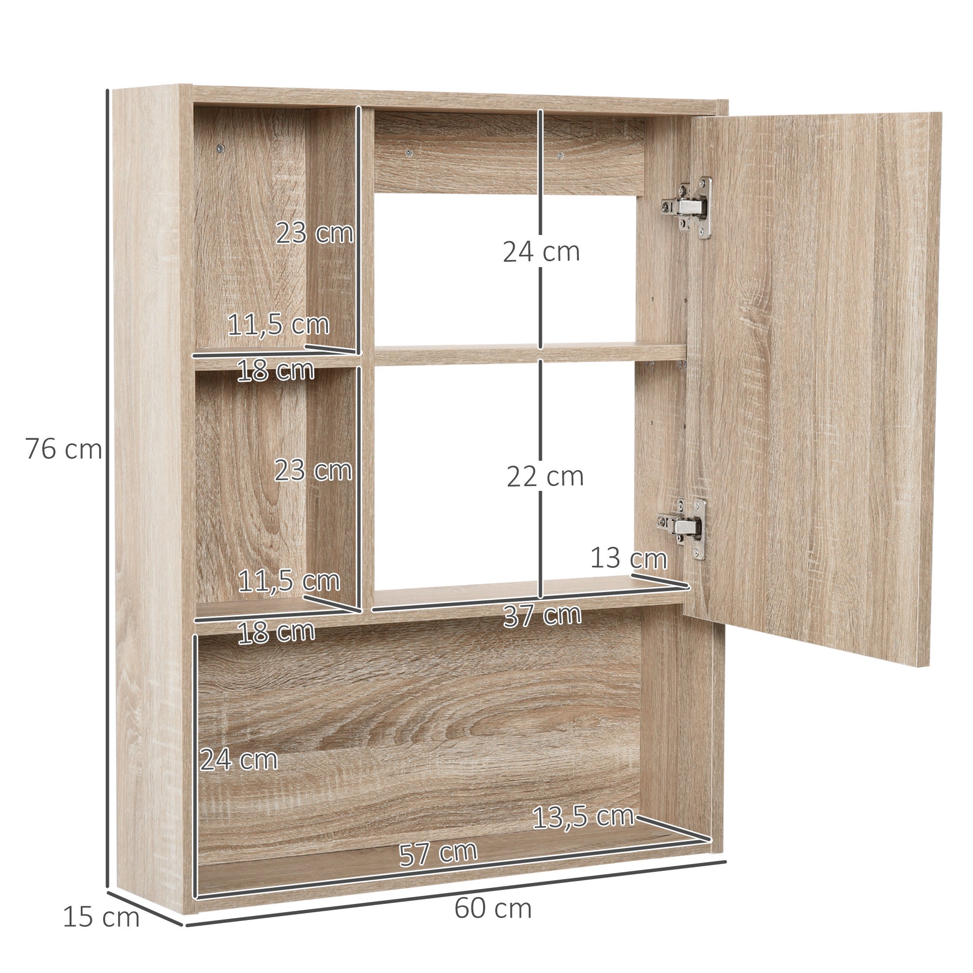 Armoire Murale avec miroir pour salle de bain Meuble de Rangement suspendu Couleur Bois de chêne dim. 60Lx15lxH76cm - 5