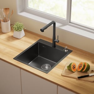 AURALUMMAX Évier Cuisine 1 Bac Gris Noir,44*49*20 CM,avec Distributeur Savon,Inox,Évier encastré/à Poser Évier avec Trou Montage pour Robinet