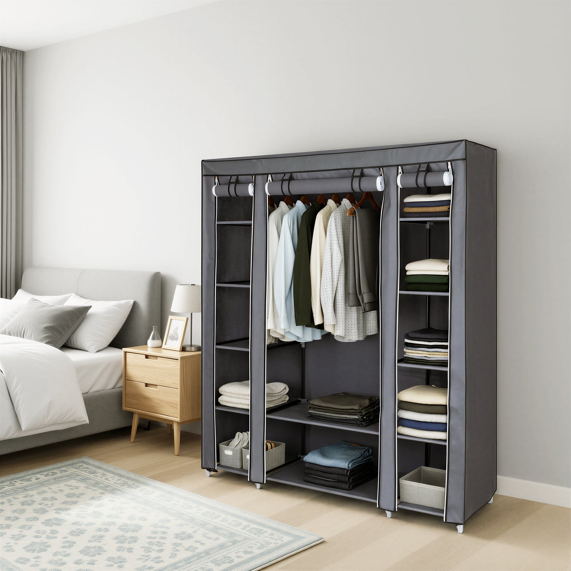 Penderie en tissu avec housse, armoire de rangement modulable, 12 compartiments, cadre métal, chambre, gris - 3